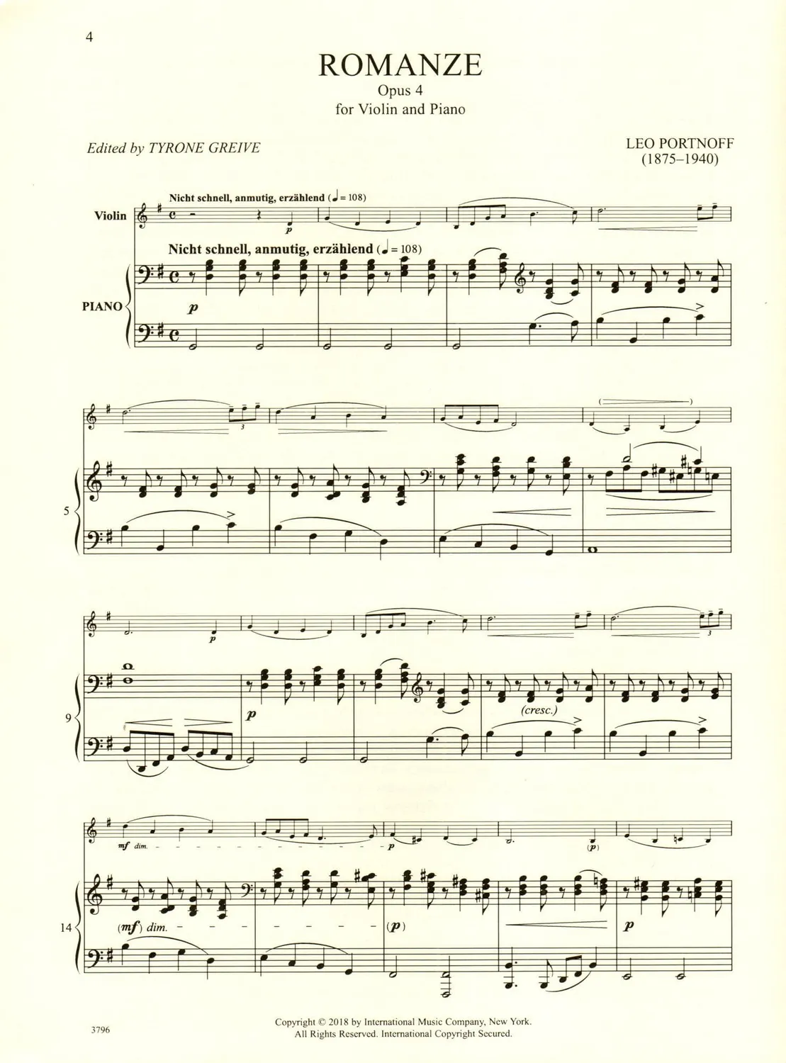 Shar Music Portnoff Romanze Op.4 Noten Violine Klavier