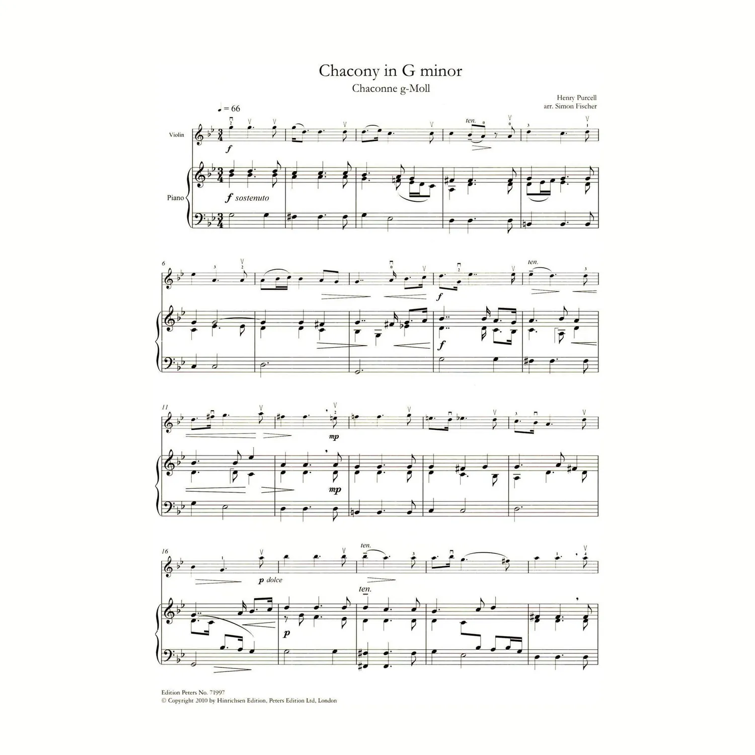 Peters Purcell Chacony g-Moll Geigennoten Klavier