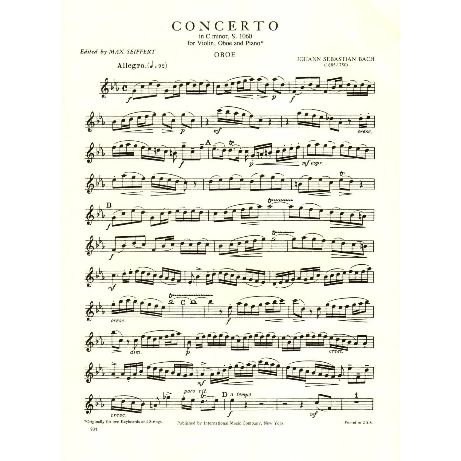International Bach Konzert c-moll BWV 1060R Noten Violine Oboe