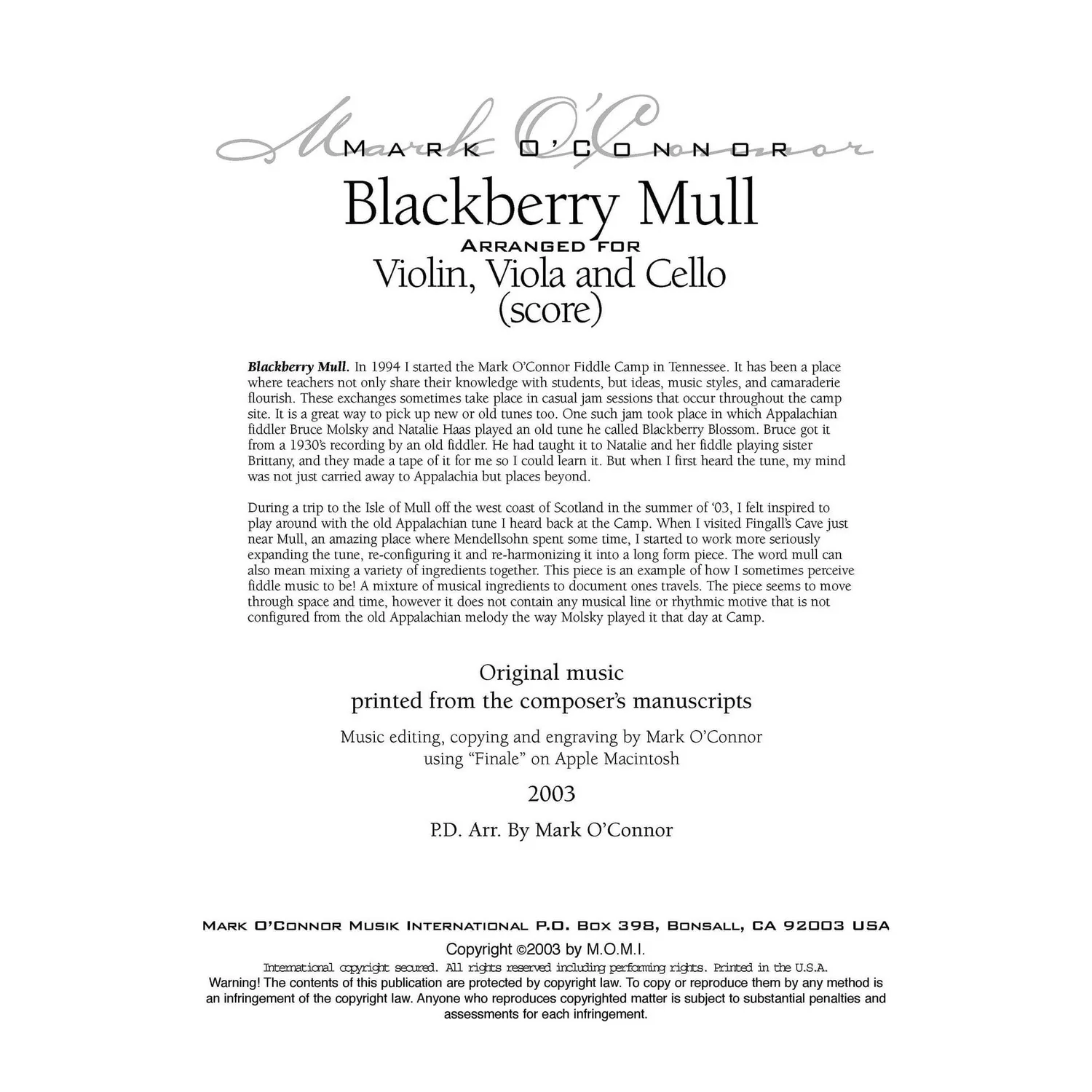 Mark O'Connor Blackberry Mull Noten Download Violine Viola Cello