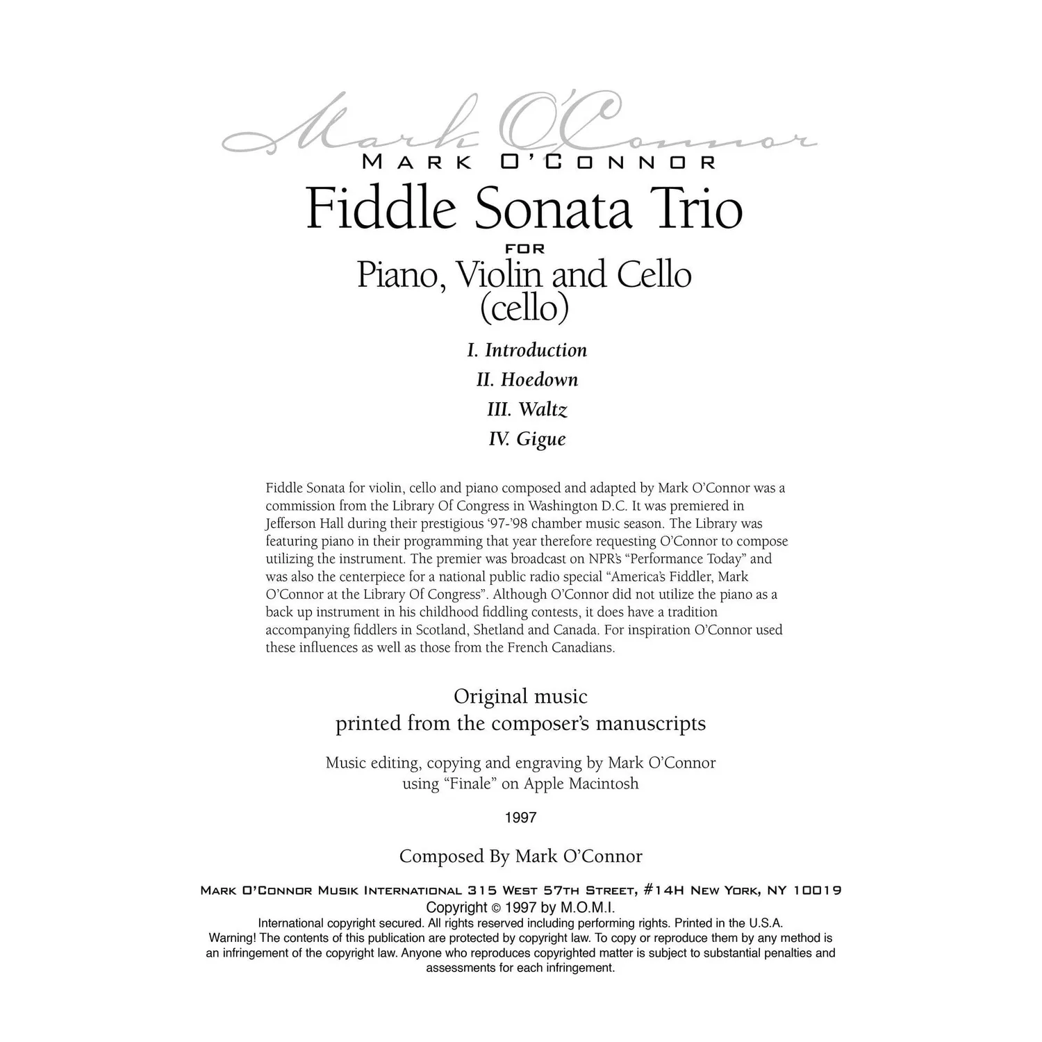 Mark O'Connor Fiddle Sonata Cellostimme Noten Download
