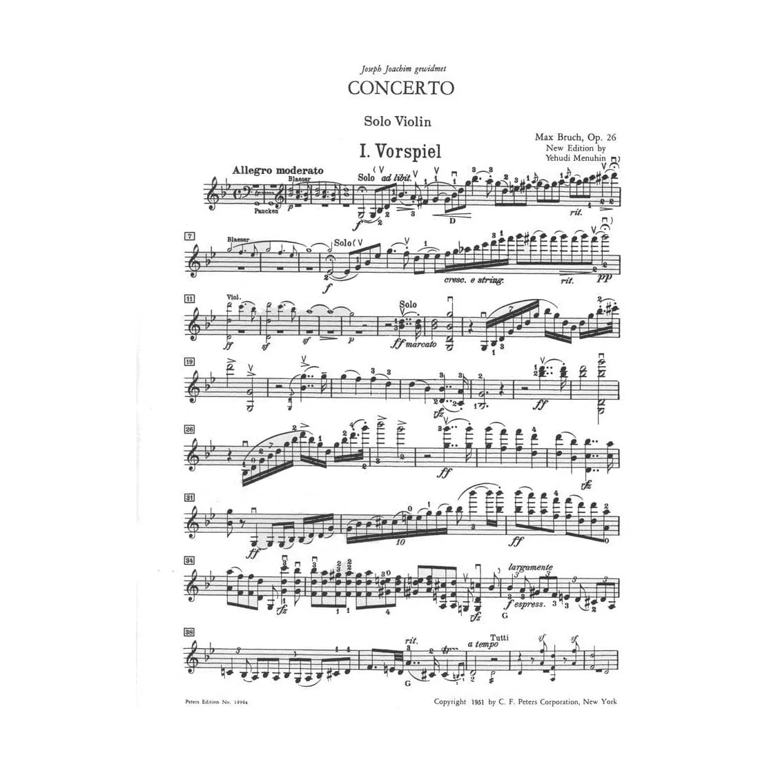 Peters Bruch Konzert Nr.1 g-Moll op.26 Noten Violine Klavier Menuhin