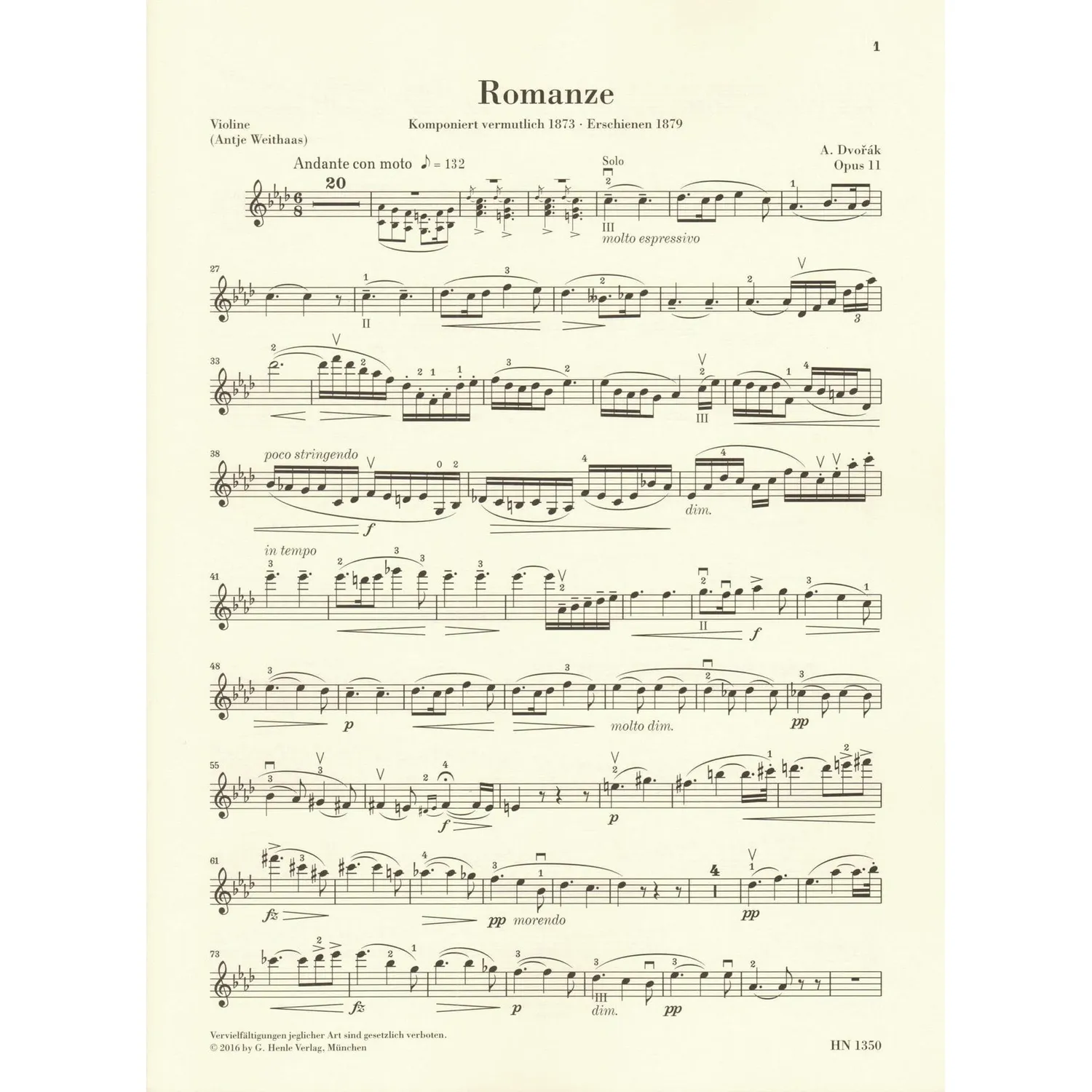 Dvorak Romance Opus 11 f-Moll Violinnoten Henle Urtext