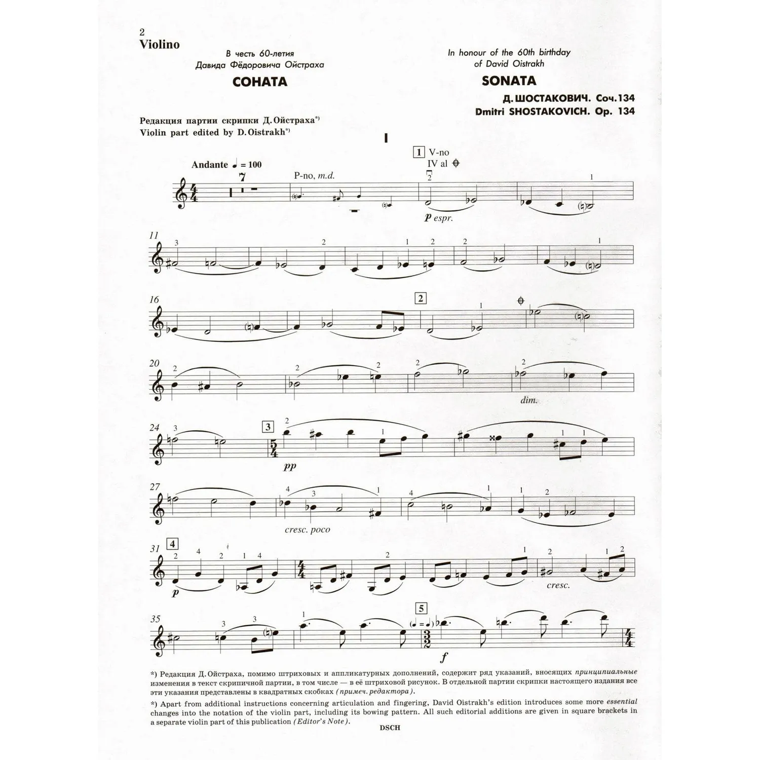DSCH Schostakowitsch Sonate Op.134 Noten Violine Klavier
