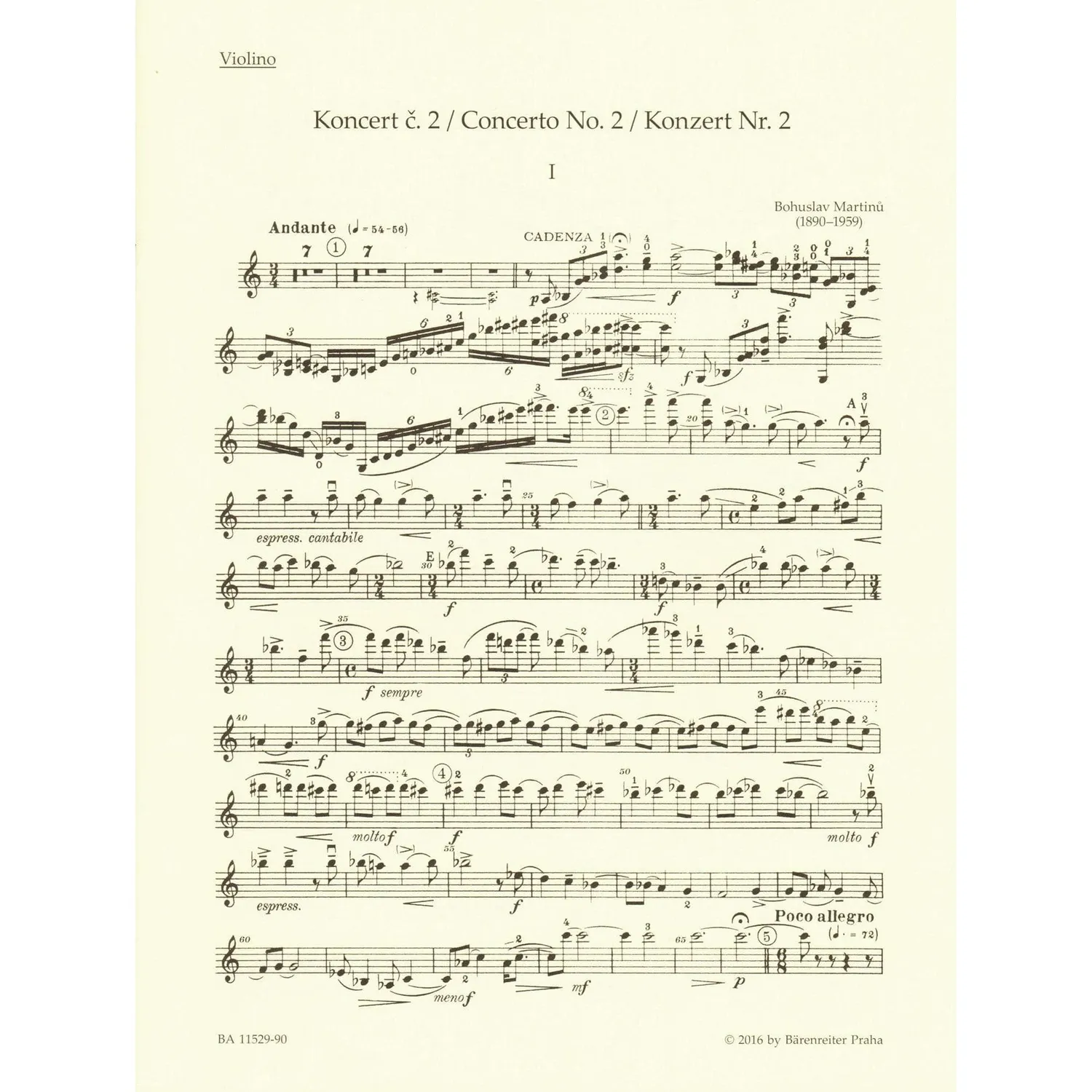 Bärenreiter Martinu Konzert Nr. 2 Violinenoten Klavierauszug Urtext