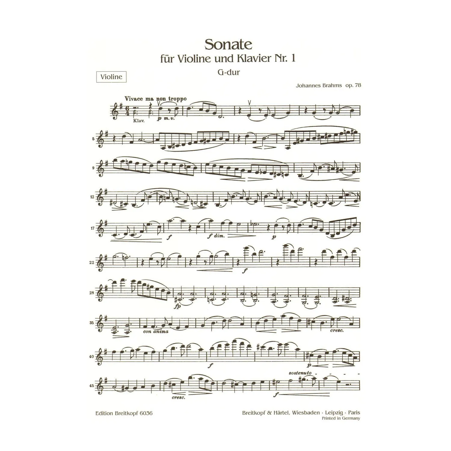 Breitkopf Brahms Sonate Nr.1 G-Dur op.78 Noten Violine Klavier