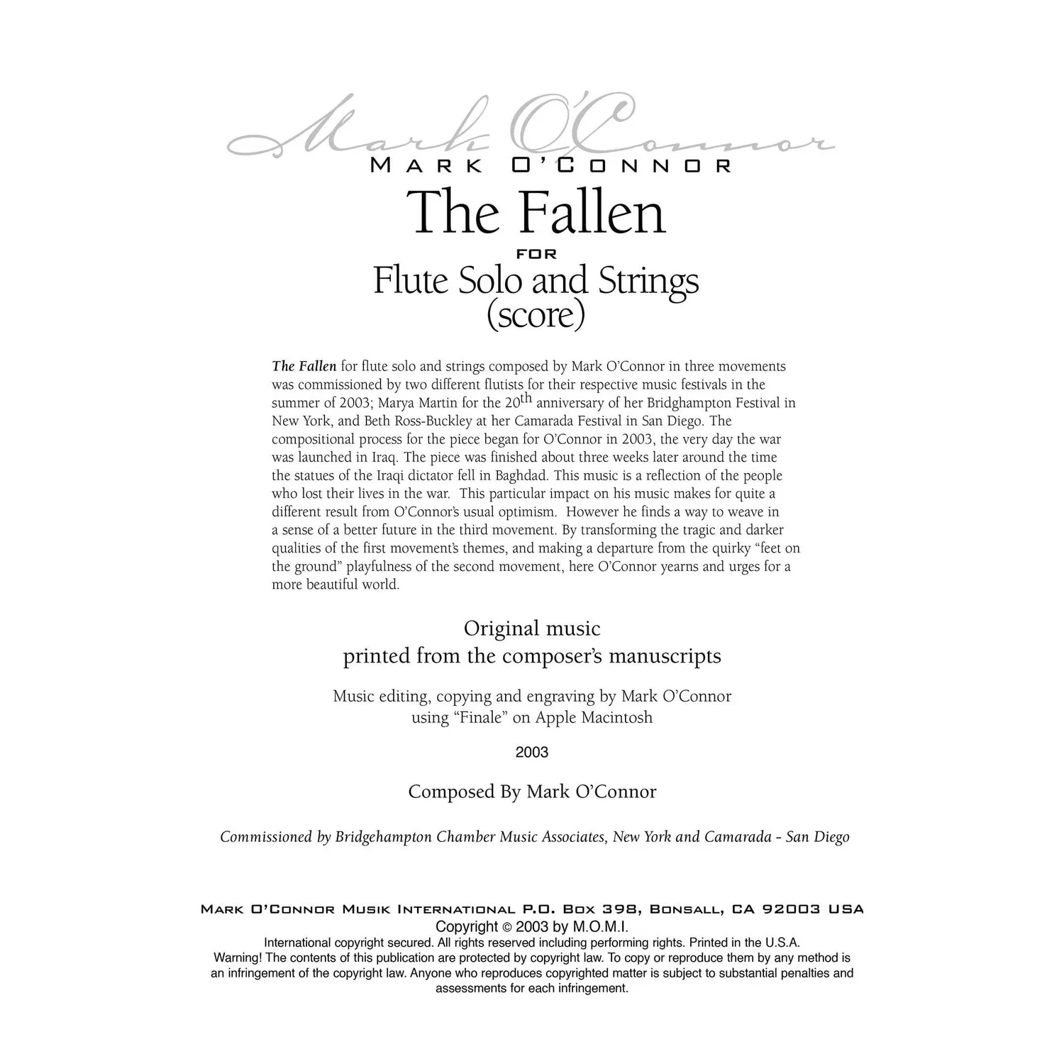 O'Connor The Fallen Partitur Flöte Streicher Download