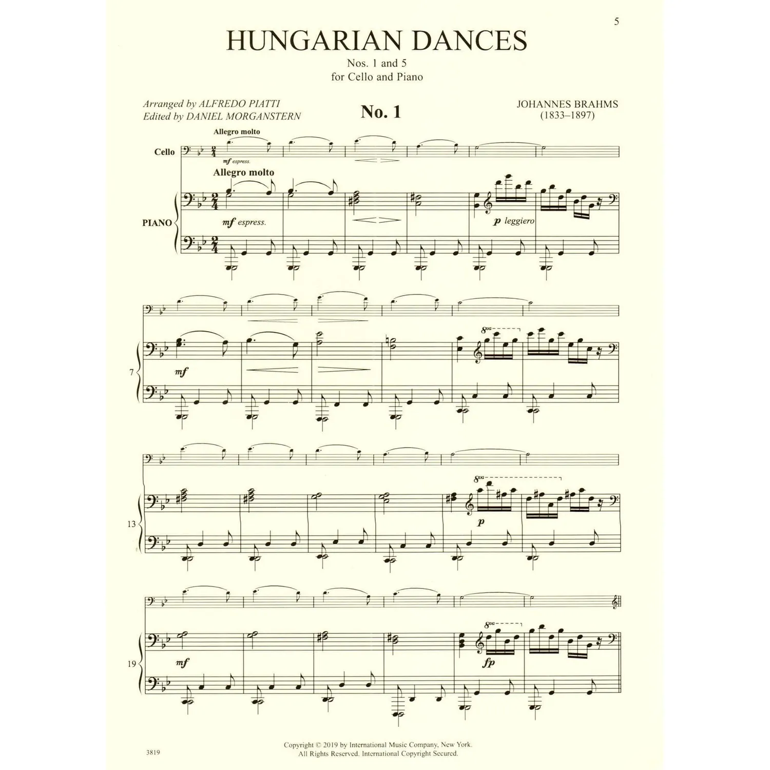 Brahms Ungarische Tänze 1+5 Cello-Noten Klavier Piatti