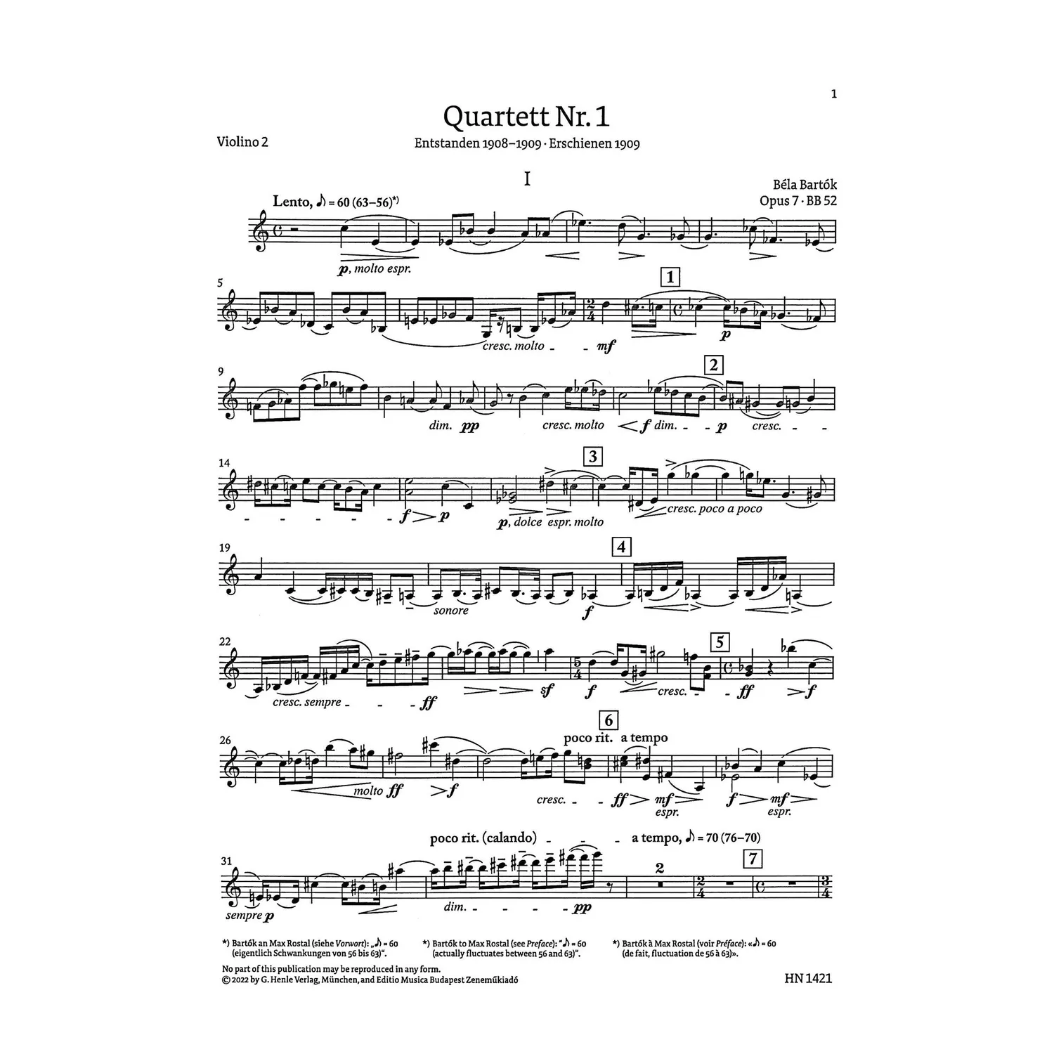 Bartók Streichquartett Nr.1 op.7 Henle Noten