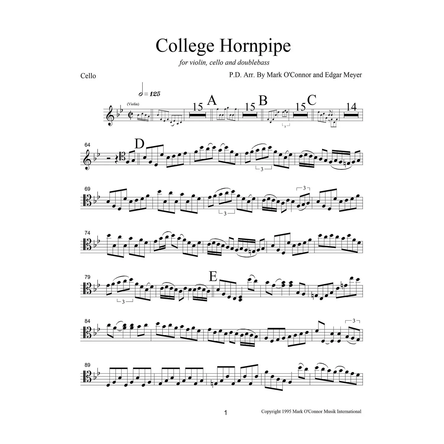 Mark O'Connor College Hornpipe Cello-Noten Download Trio
