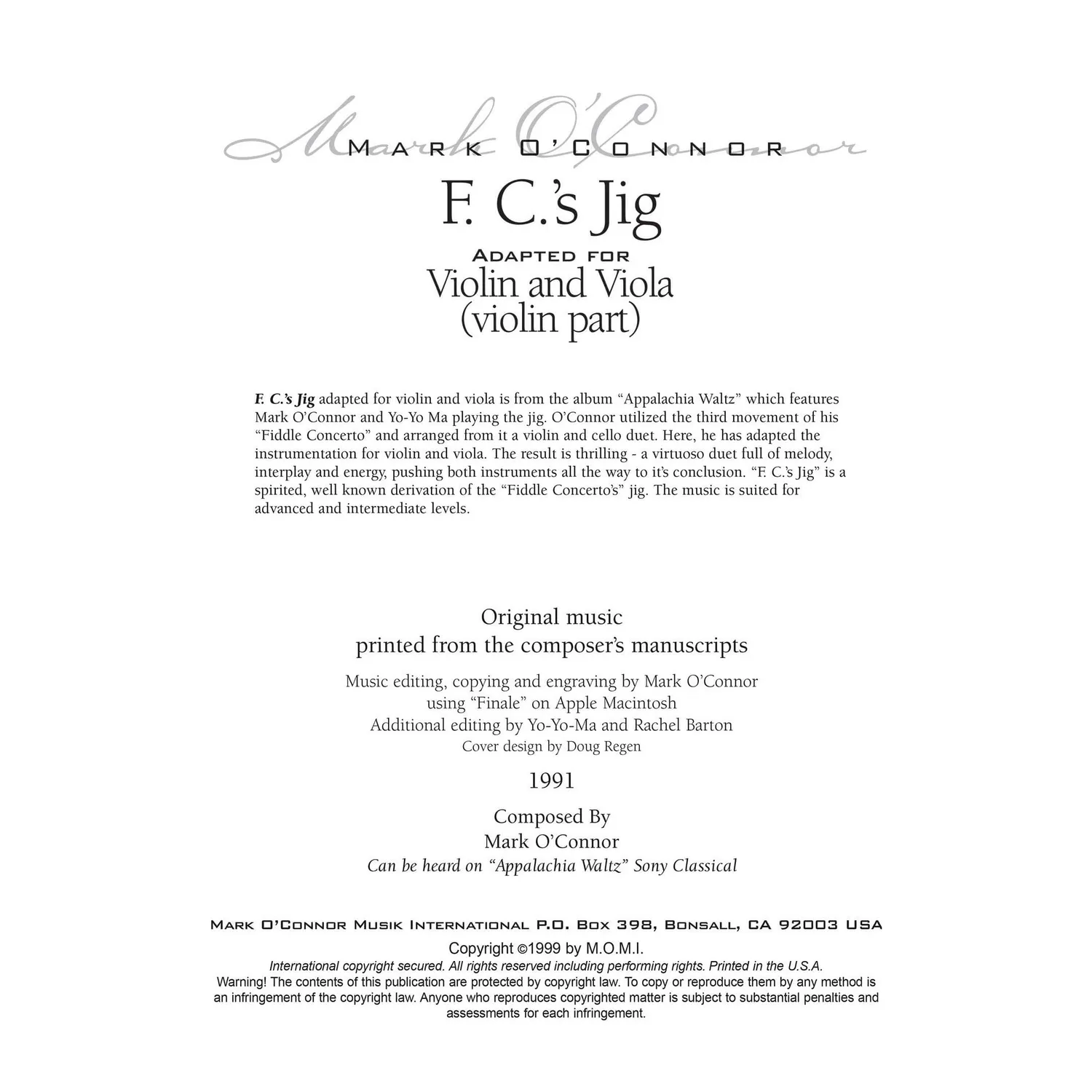 Shar Music O'Connor F.C.'s Jig Noten Download Violine Viola