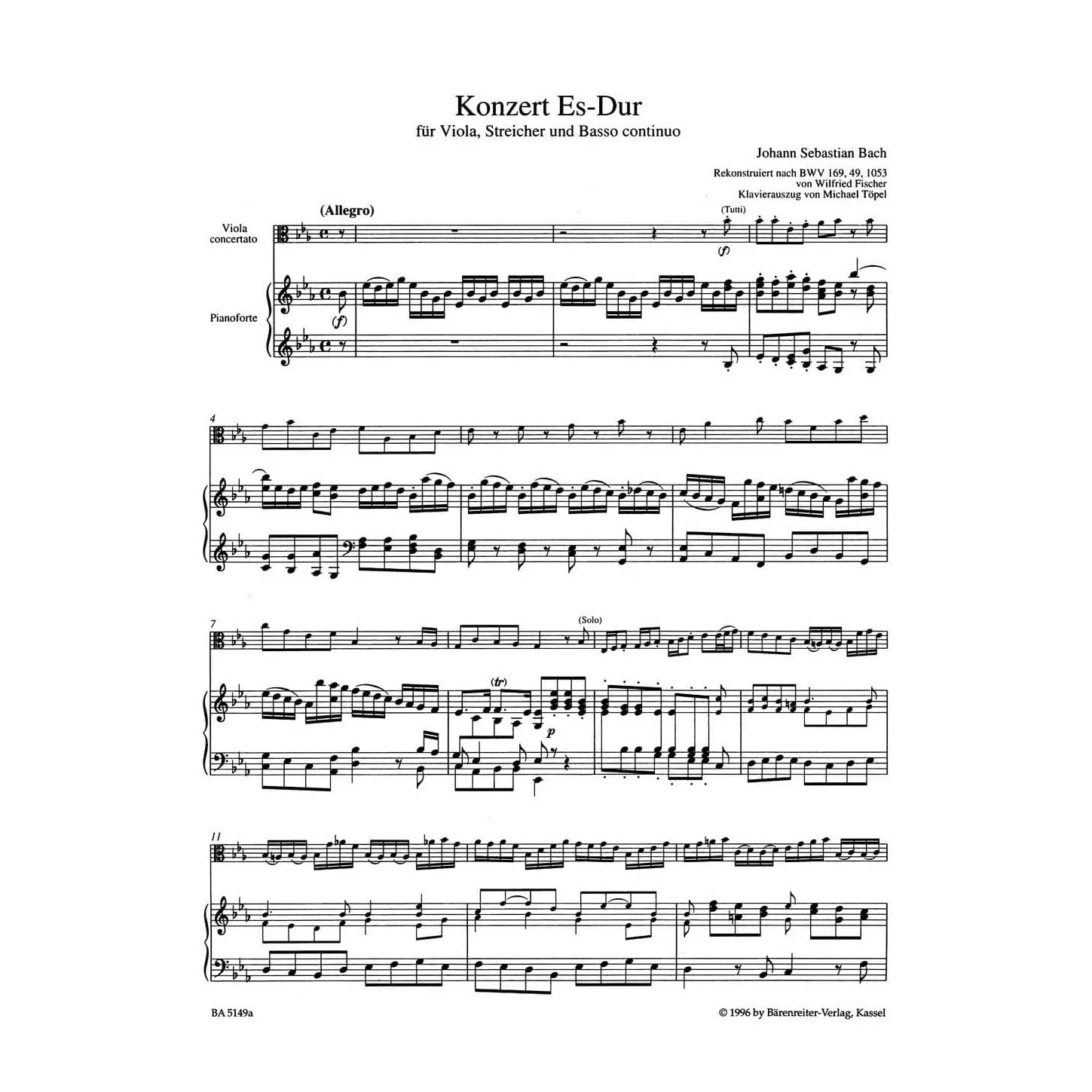 Bärenreiter Bach Konzert Es-Dur Noten Viola Klavier Urtext