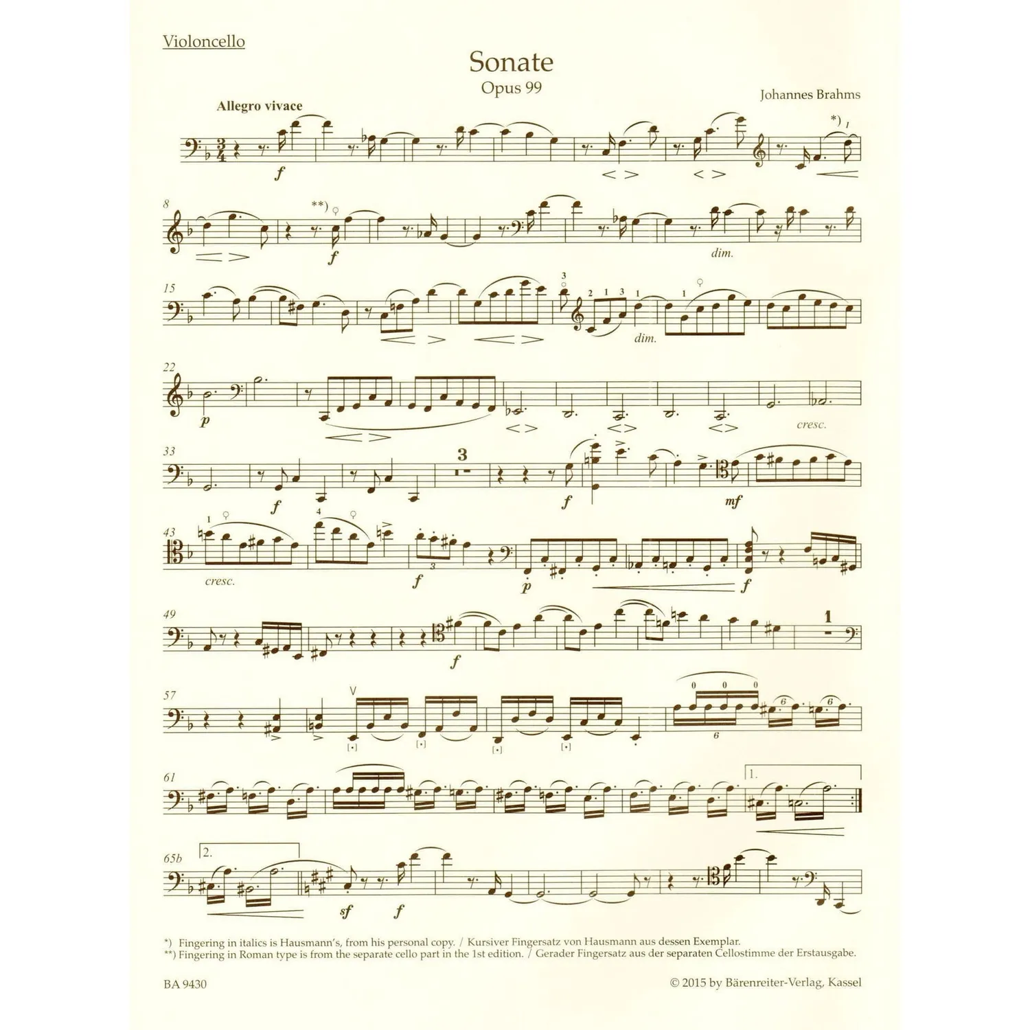 Brahms Cellosonate F-Dur op 99 Noten Bärenreiter Urtext