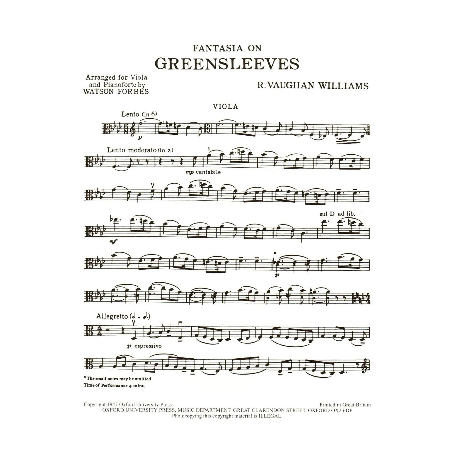 Oxford Vaughan Williams Greensleeves Noten Viola Cello lyrisch
