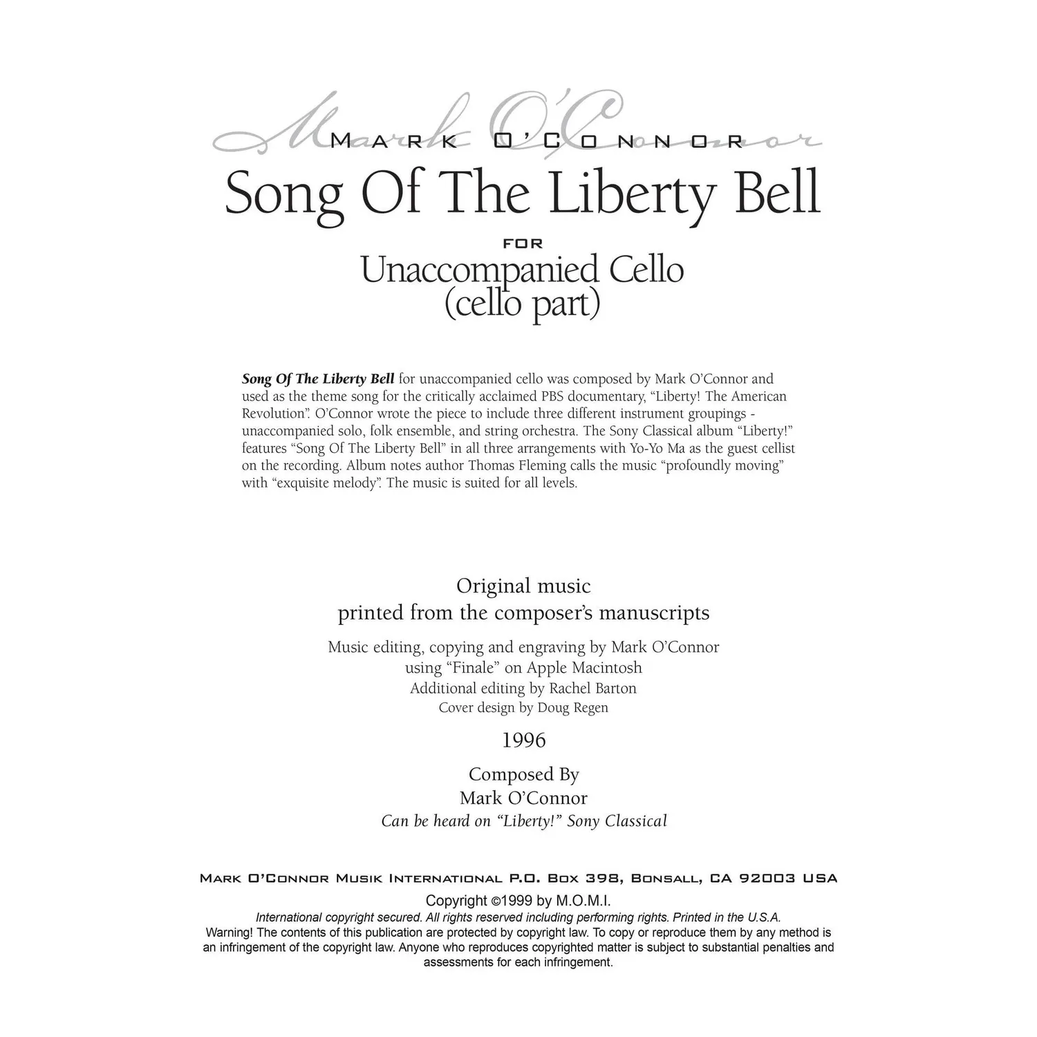 Mark O'Connor Song Of The Liberty Bell Noten Cello Download