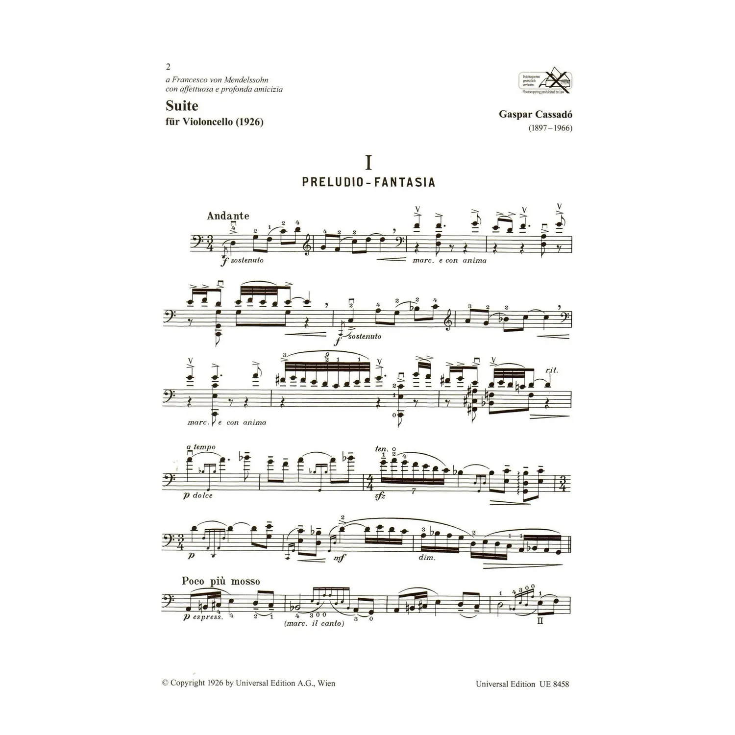 Gaspar Cassadó Suite Cello-Noten Solo Universal Edition