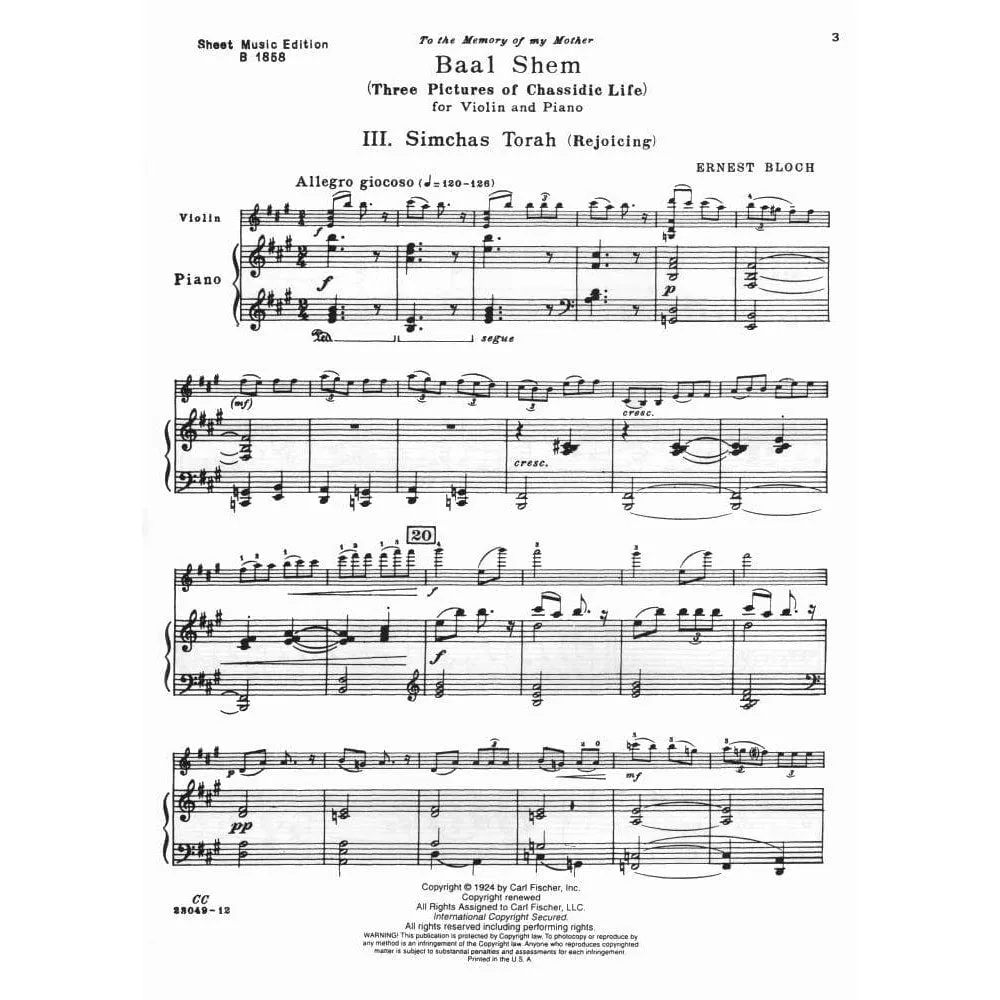 Fischer Bloch Simchas Torah Baal Shem No.3 Violinnoten