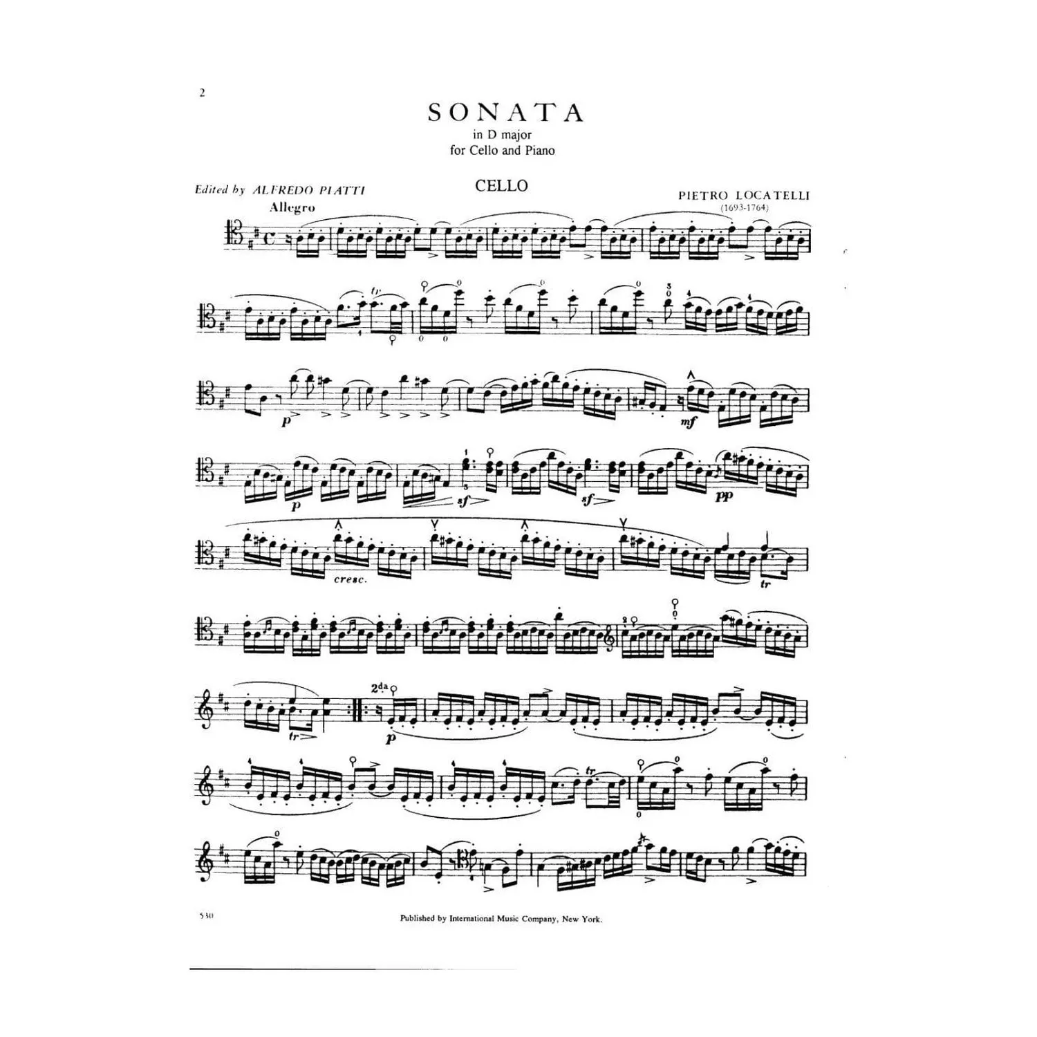 Shar Locatelli Sonate D-Dur op. 6 Nr. 6 Noten Cello Klavier