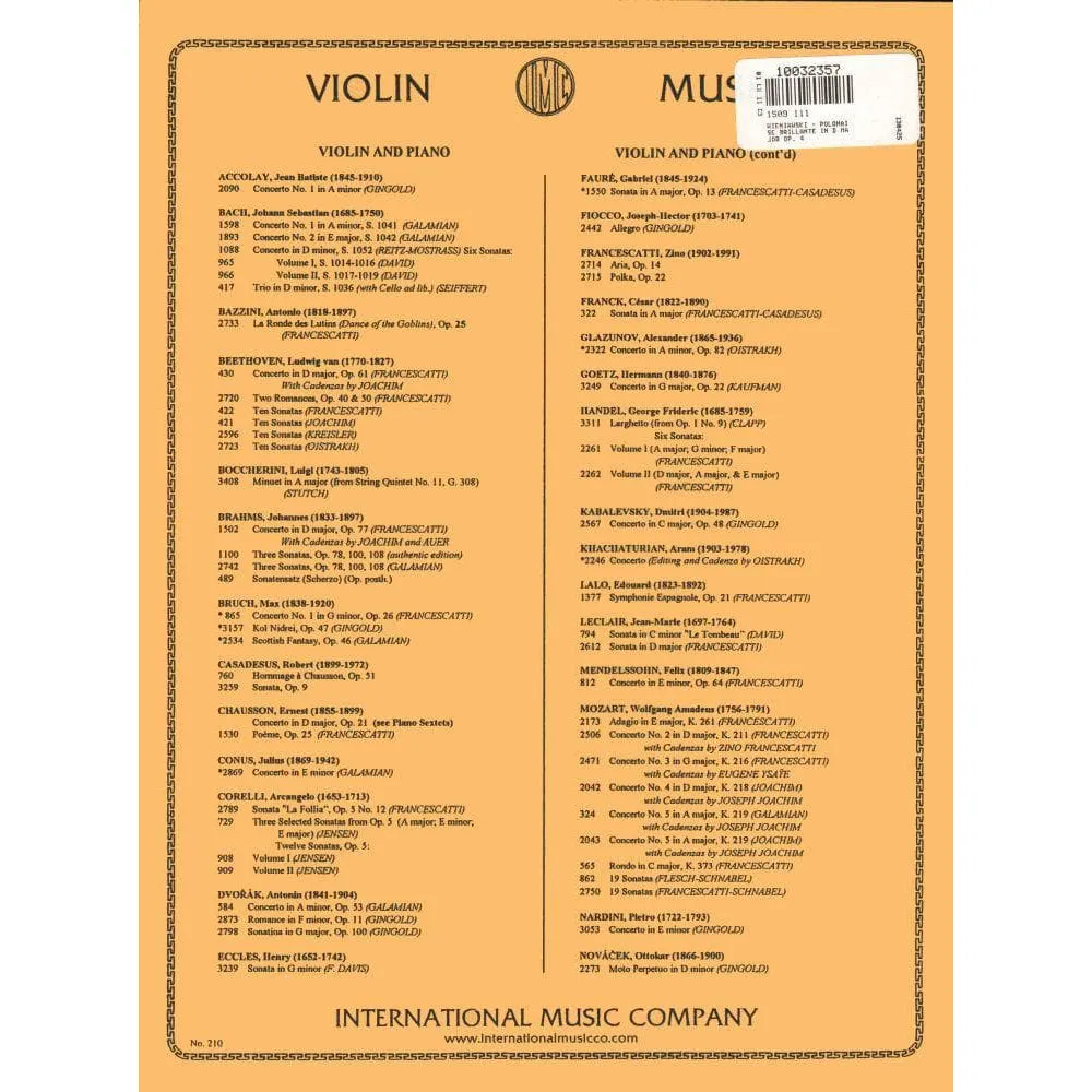 Wieniawski Polonaise Brillante Op 4 Noten Violine Klavier