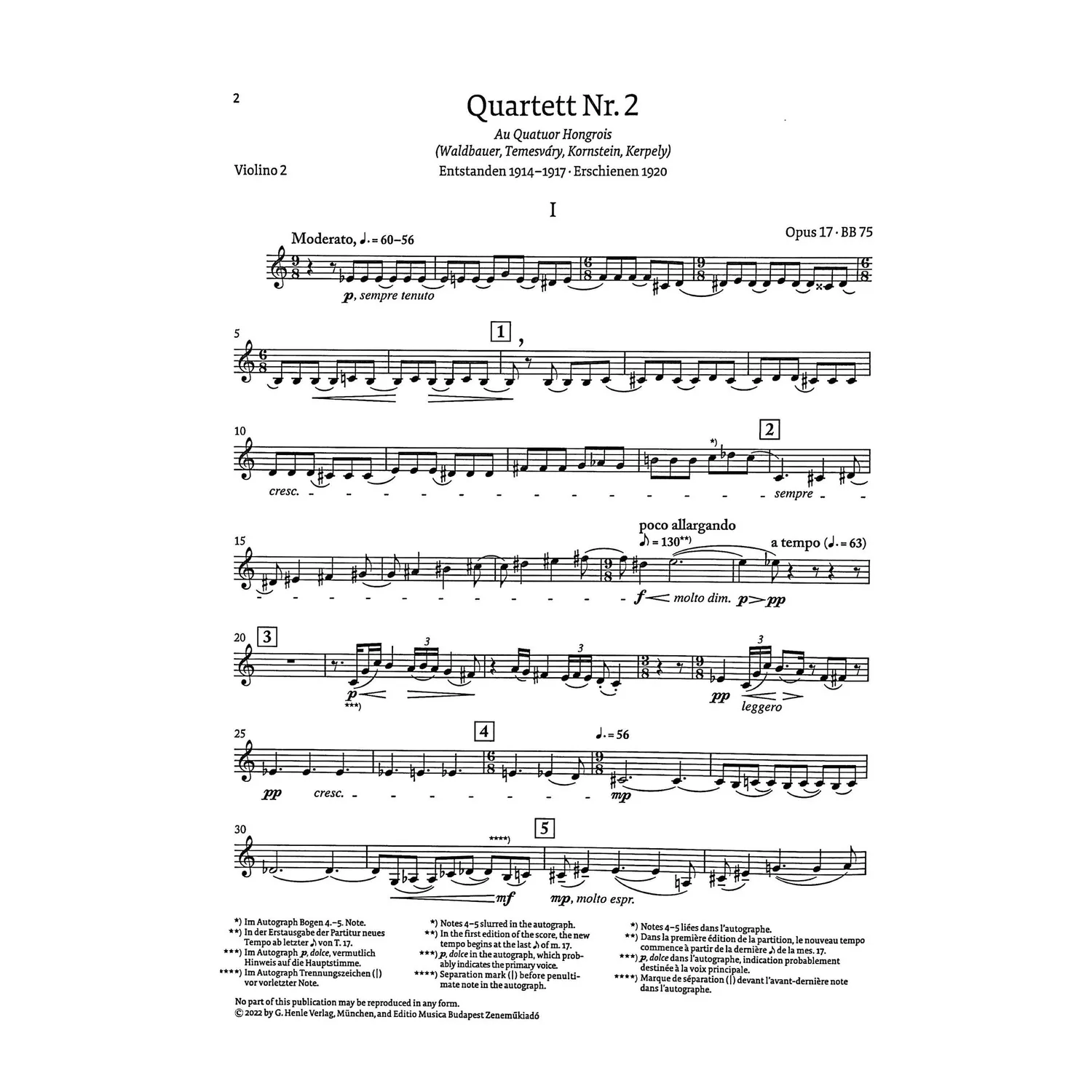 Henle Bartók Quartett Nr. 2 op. 17 Noten Streichquartett