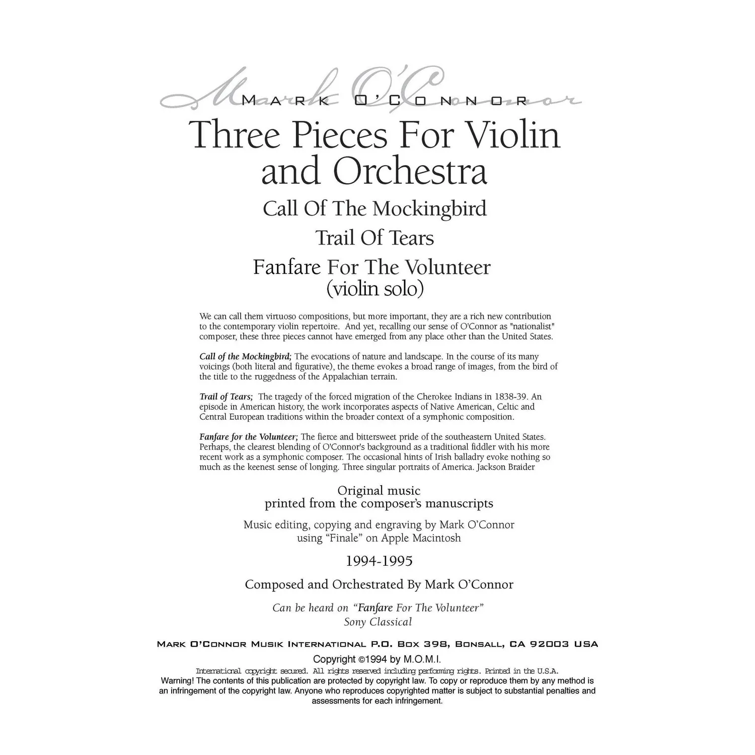 O'Connor Three Pieces Violine Solo Download