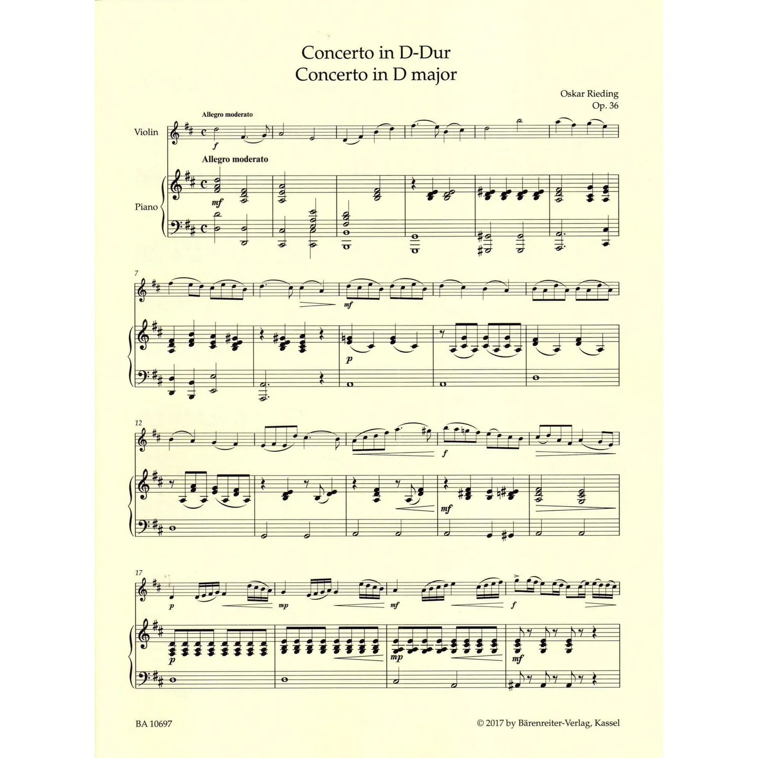 Bärenreiter Rieding op. 36 Violinkonzert Noten D-Dur