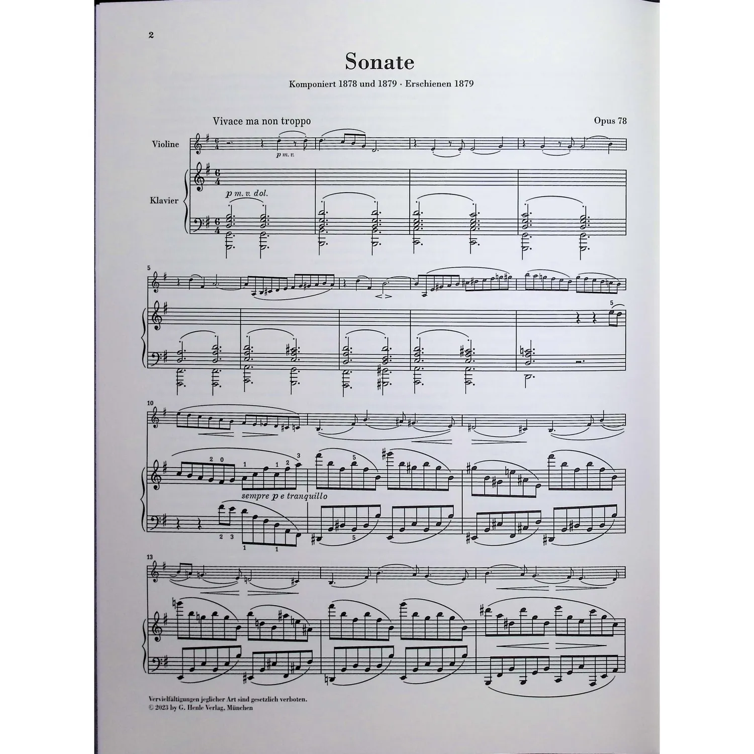 Shar Brahms Sonate G-Dur op. 78 Noten Violine Klavier