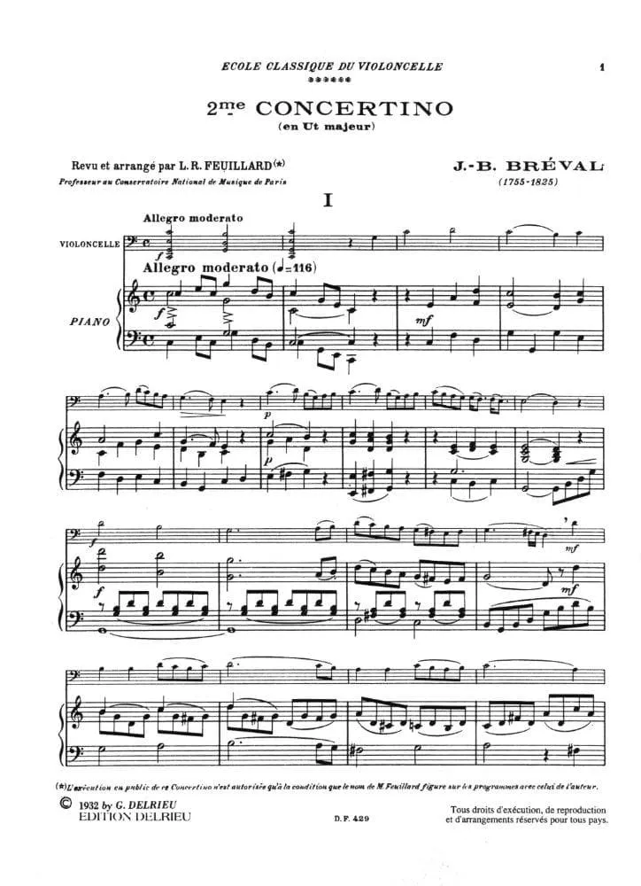 Delrieu Breval Concertino Nr.2 C-Dur Op.22 Noten Cello Klavier