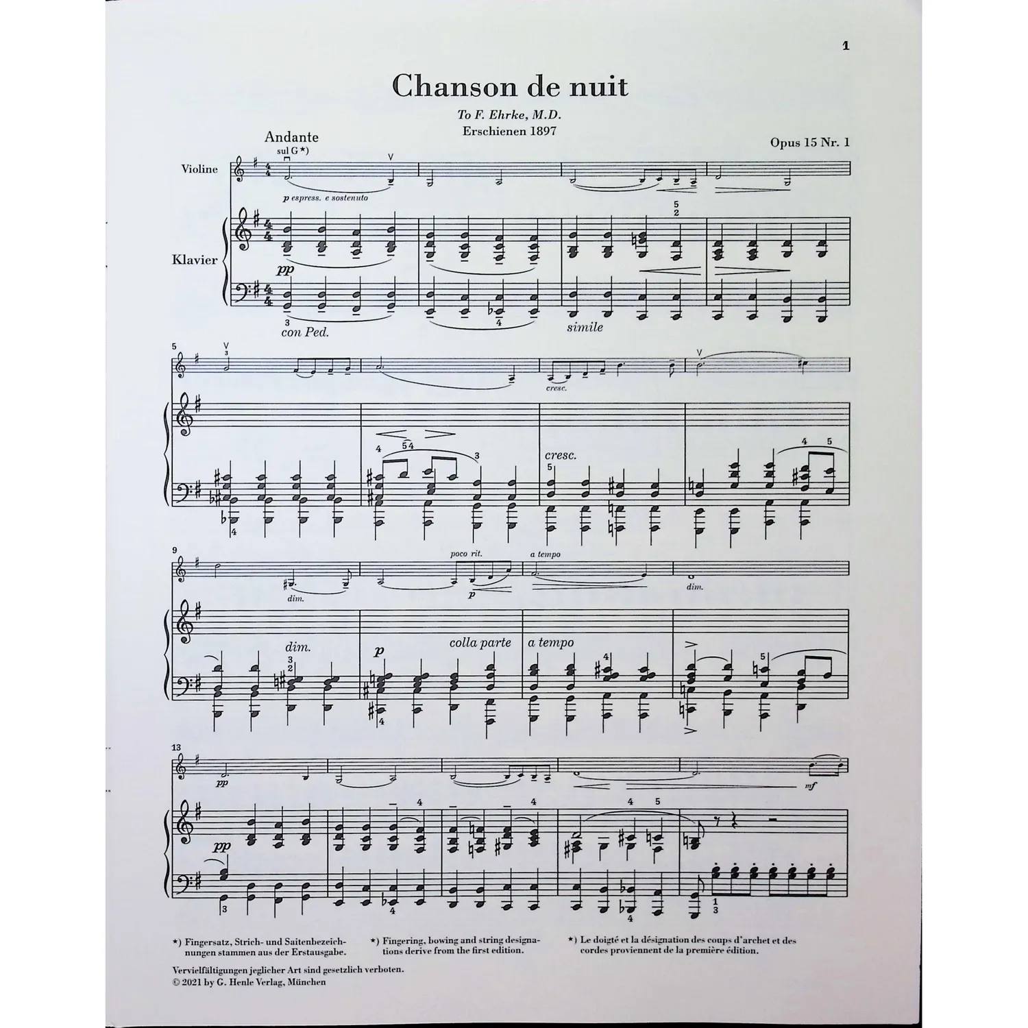 Henle Elgar Chanson nuit matin Op.15 Geigen-Noten