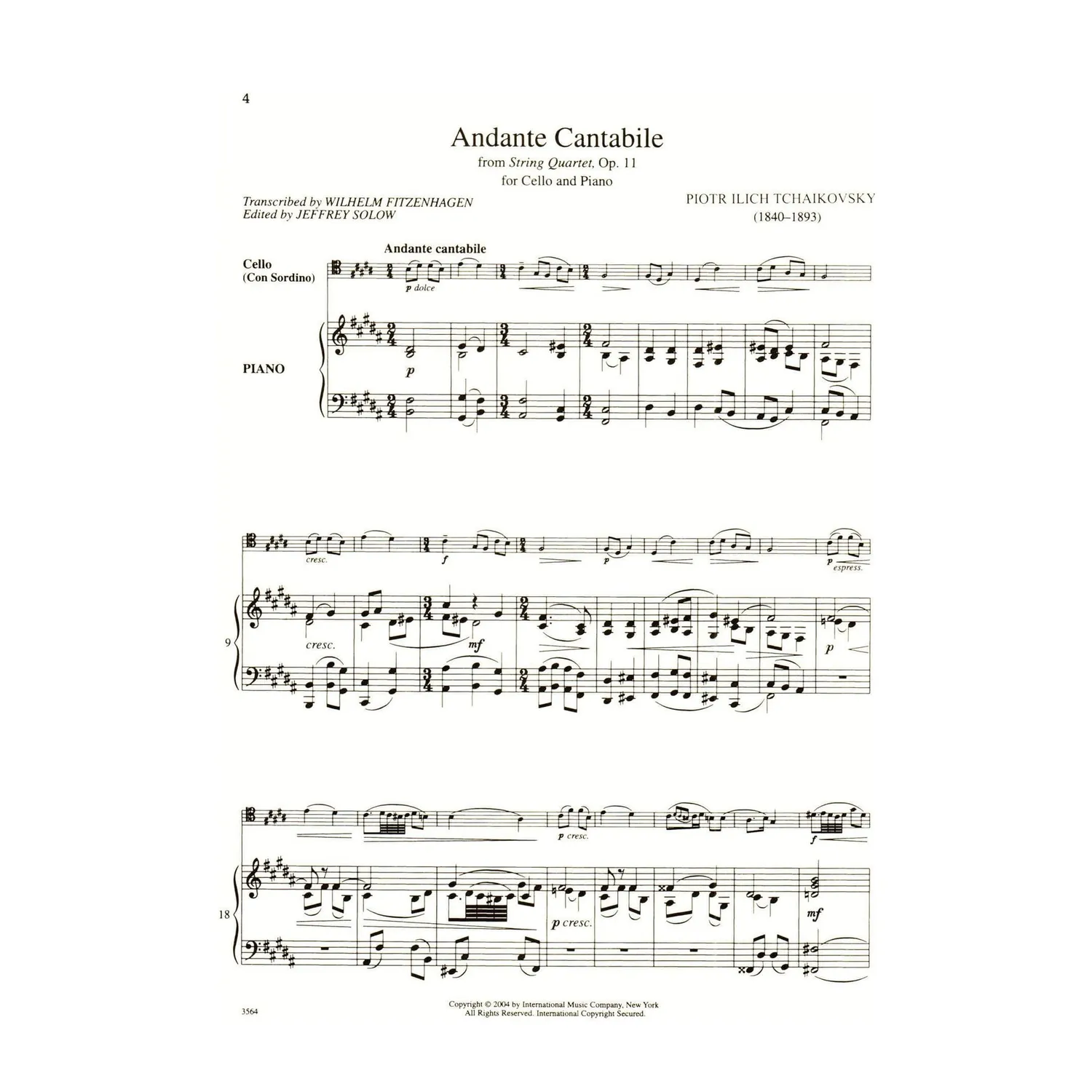 Tschaikowsky Andante Cantabile Cello Noten Op 11