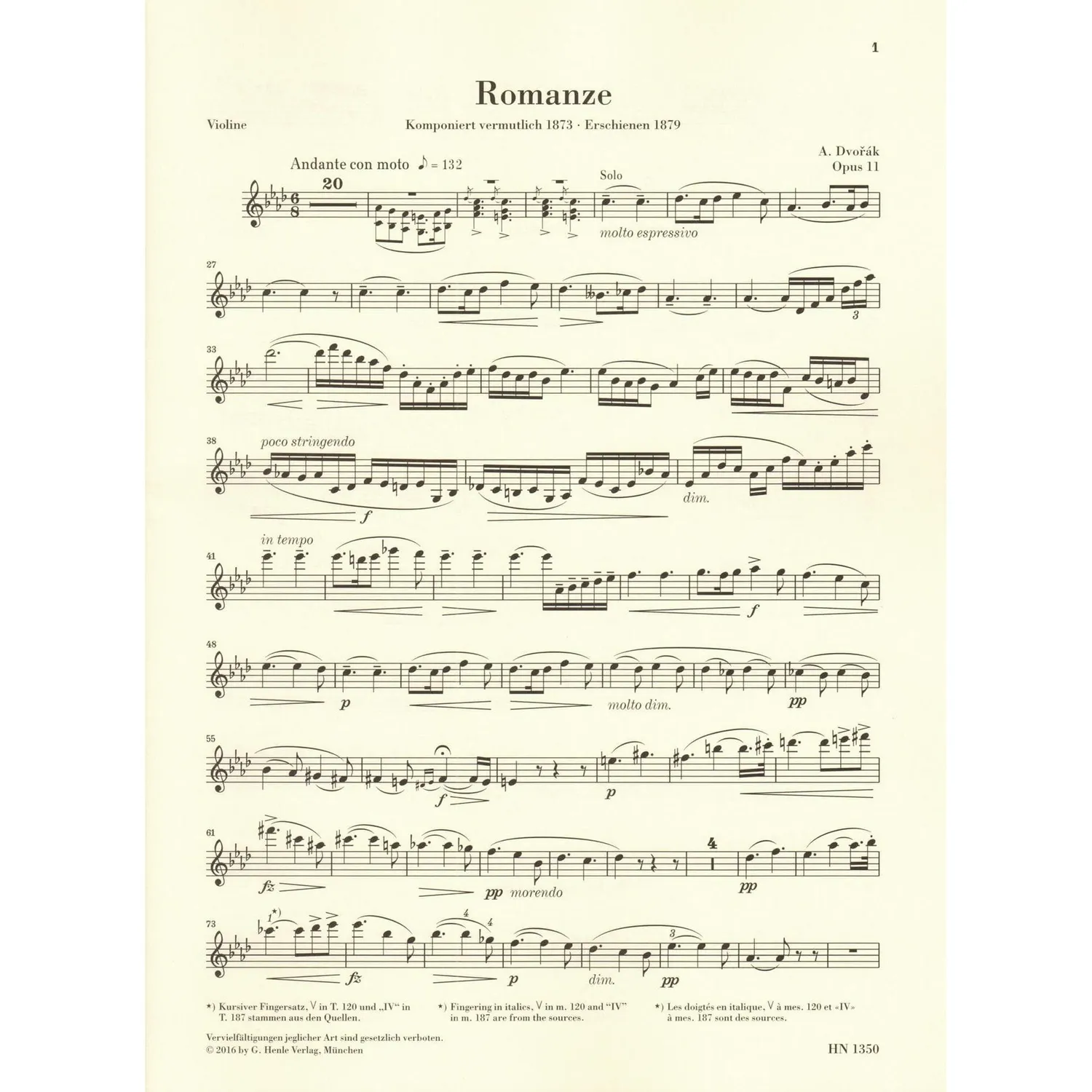 Dvorak Romance Opus 11 f-Moll Violinnoten Henle Urtext