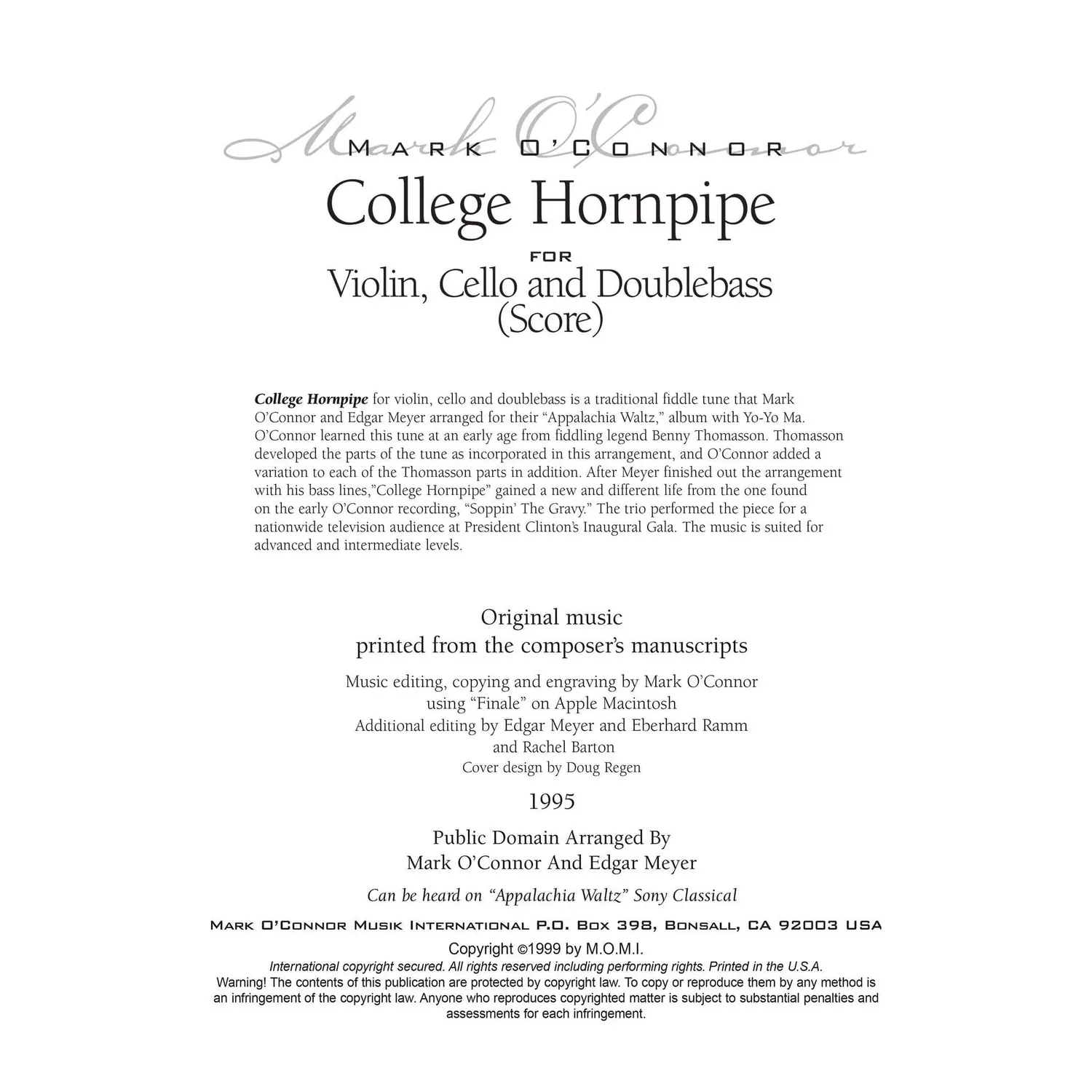 O'Connor College Hornpipe Violine Cello Bass Score Download