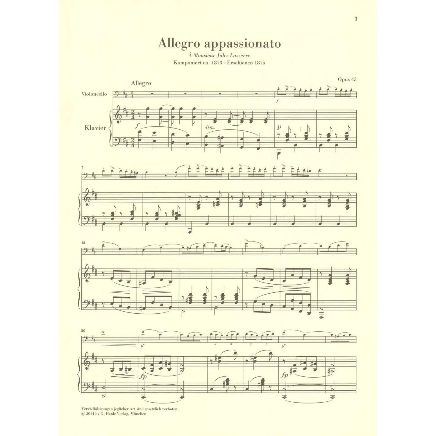Henle Saint-Saëns Allegro Appassionato op. 43 Noten Cello Urtext