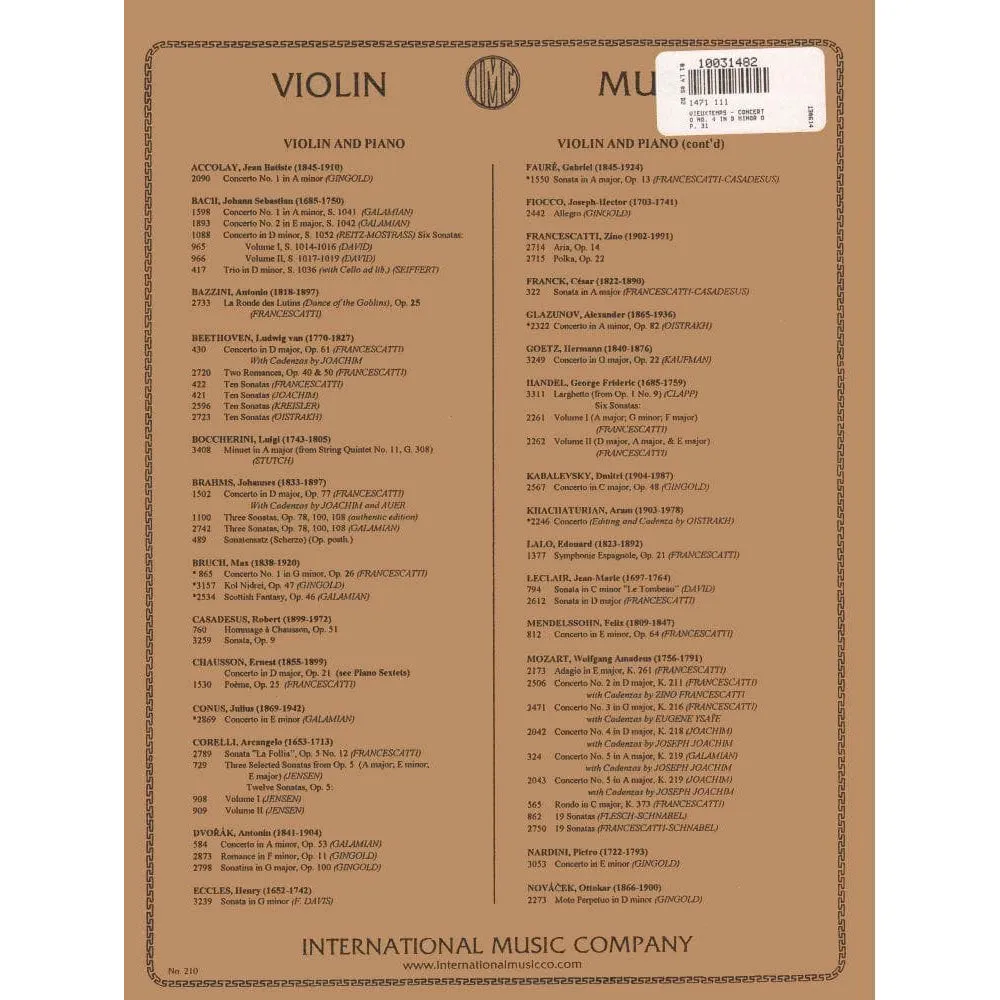 International Vieuxtemps Konzert Nr.4 d-Moll Noten Violine Klavier