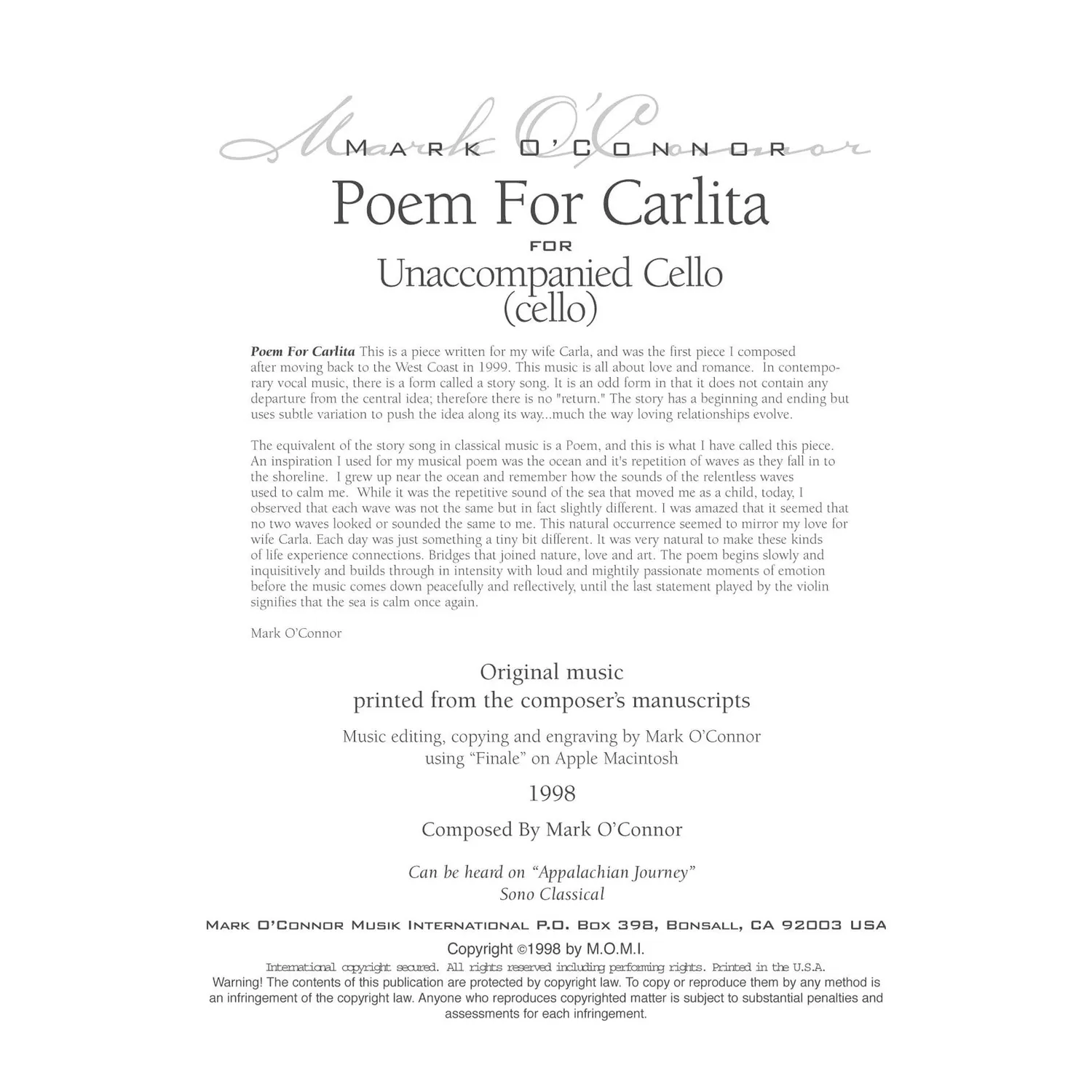 Shar Music O'Connor Poem for Carlita Noten Cello solo Download