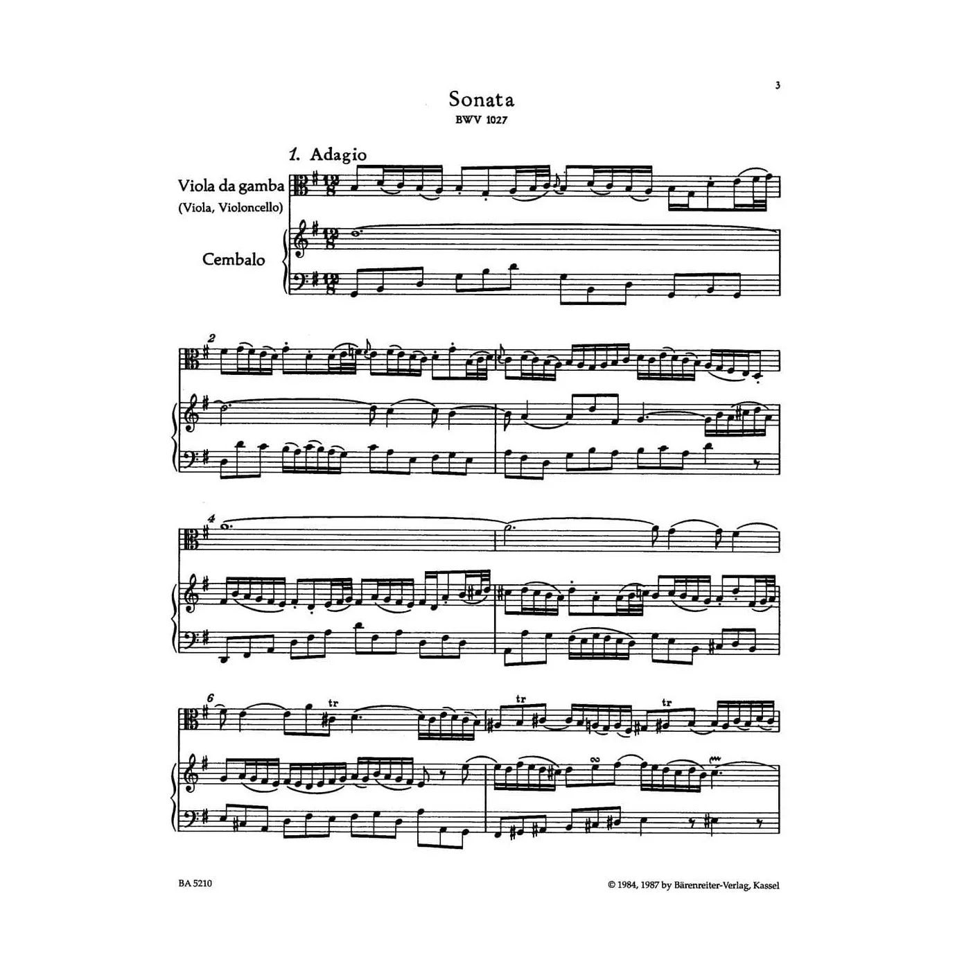 Bärenreiter Bach 3 Gambensonaten Cello Klavier Urtext