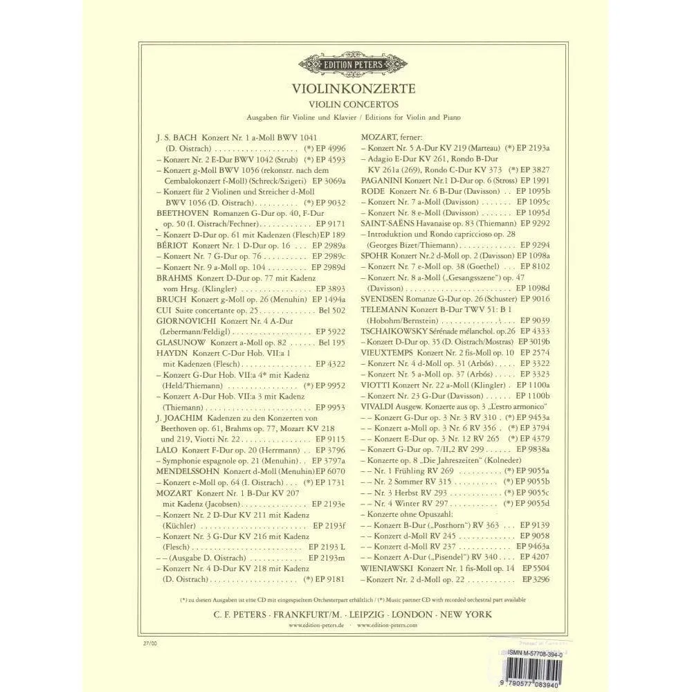 Peters Beethoven 2 Romanzen Op 40 50 Noten Violine CD