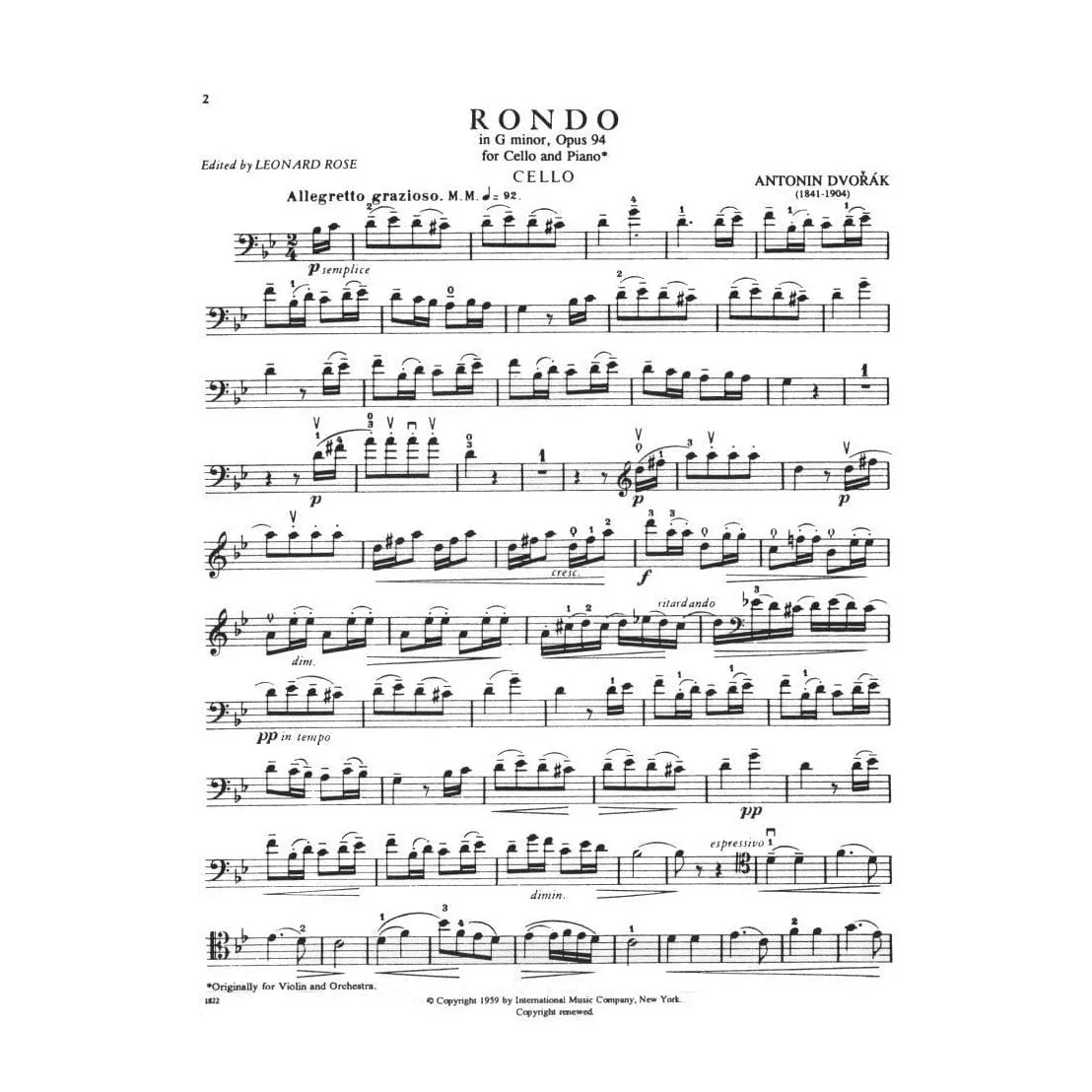Shar Music Dvorak Rondo g-Moll op. 94 Noten Cello Klavier