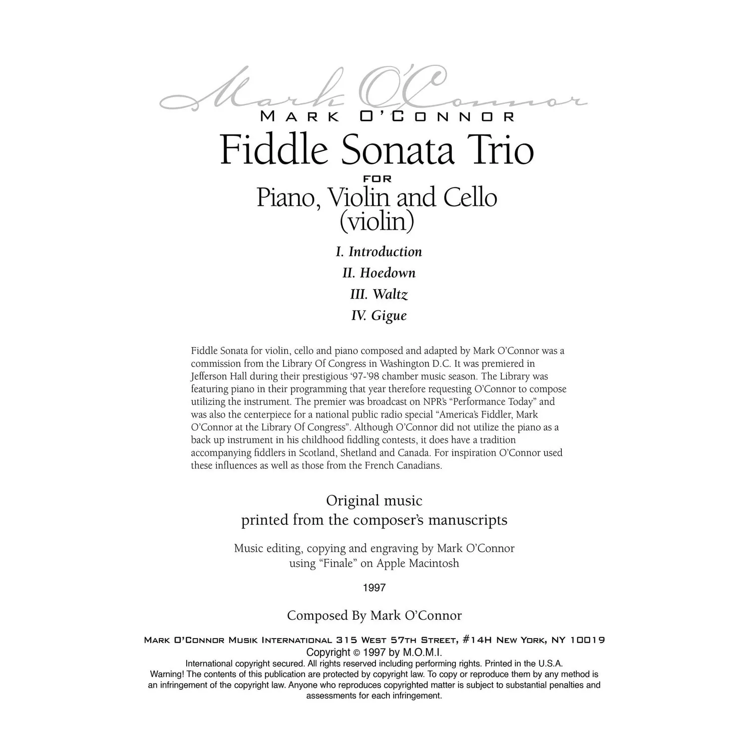 Mark O'Connor Fiddle Sonata Trio Noten Download Violine