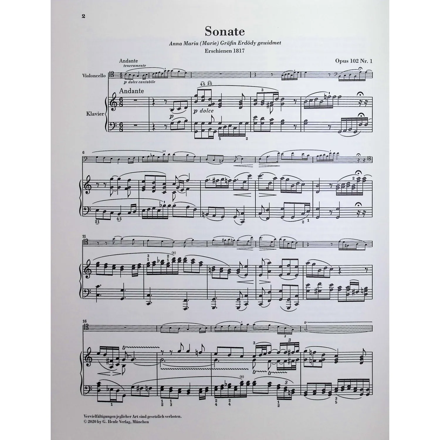 Shar Music Beethoven Op.102 Nr.1 Cello Klavier Noten Henle