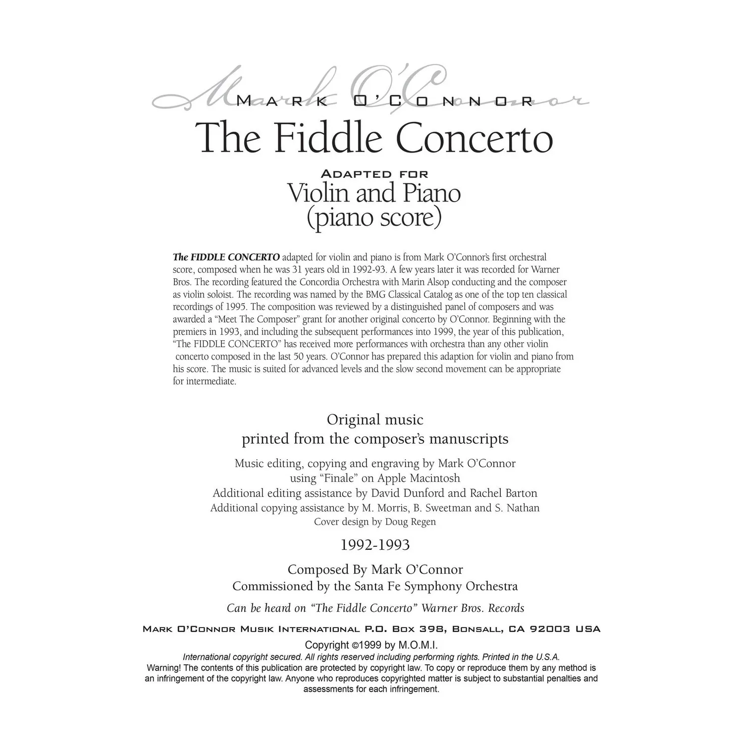 Shar Music O'Connor Fiddle Concerto Noten Klavierauszug Download