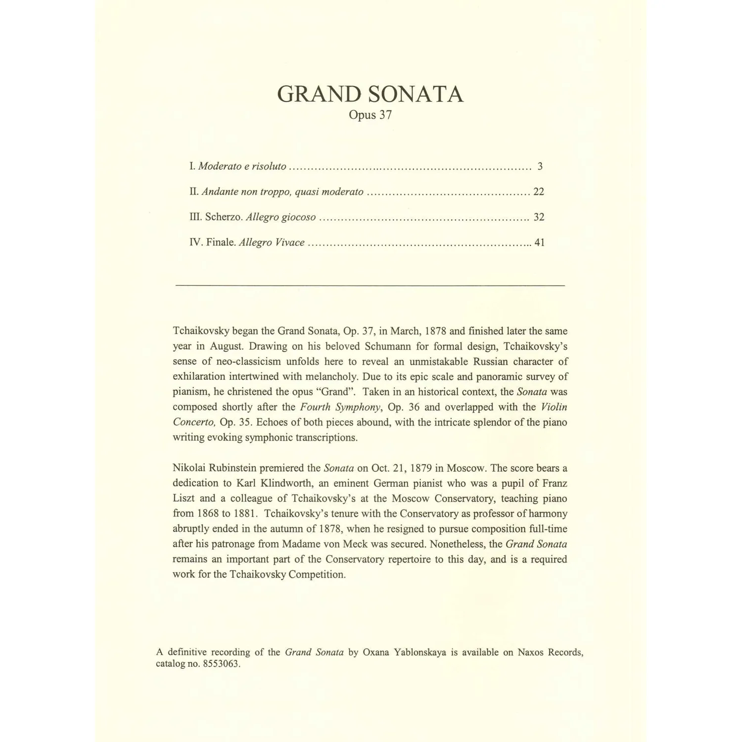 Shar Music Tschaikowski Grand Sonata Op.37 Klaviernoten Advanced