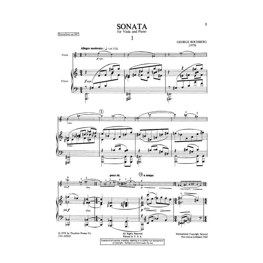 Presser Rochberg Sonata 1979 Bratschennoten Viola Klavier