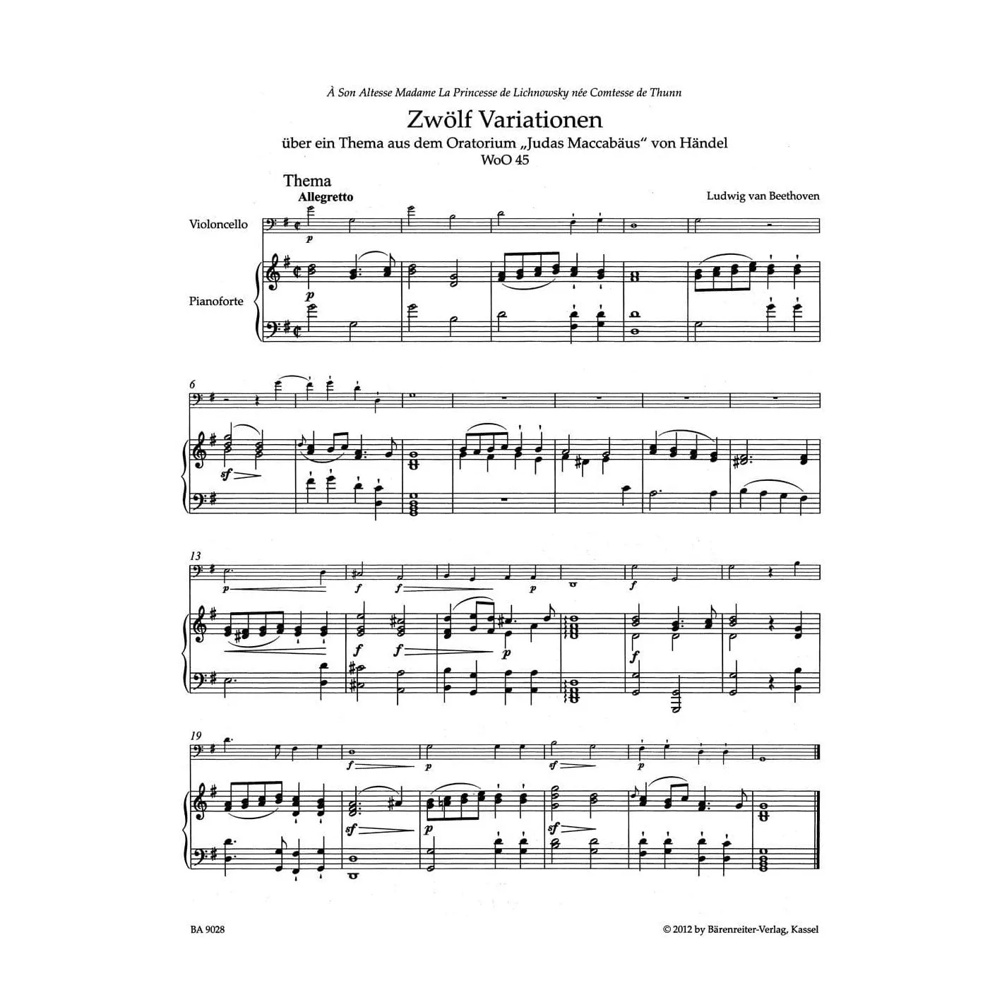 Bärenreiter Beethoven Variationen WoO 45 Op 66 Noten Cello Klavier