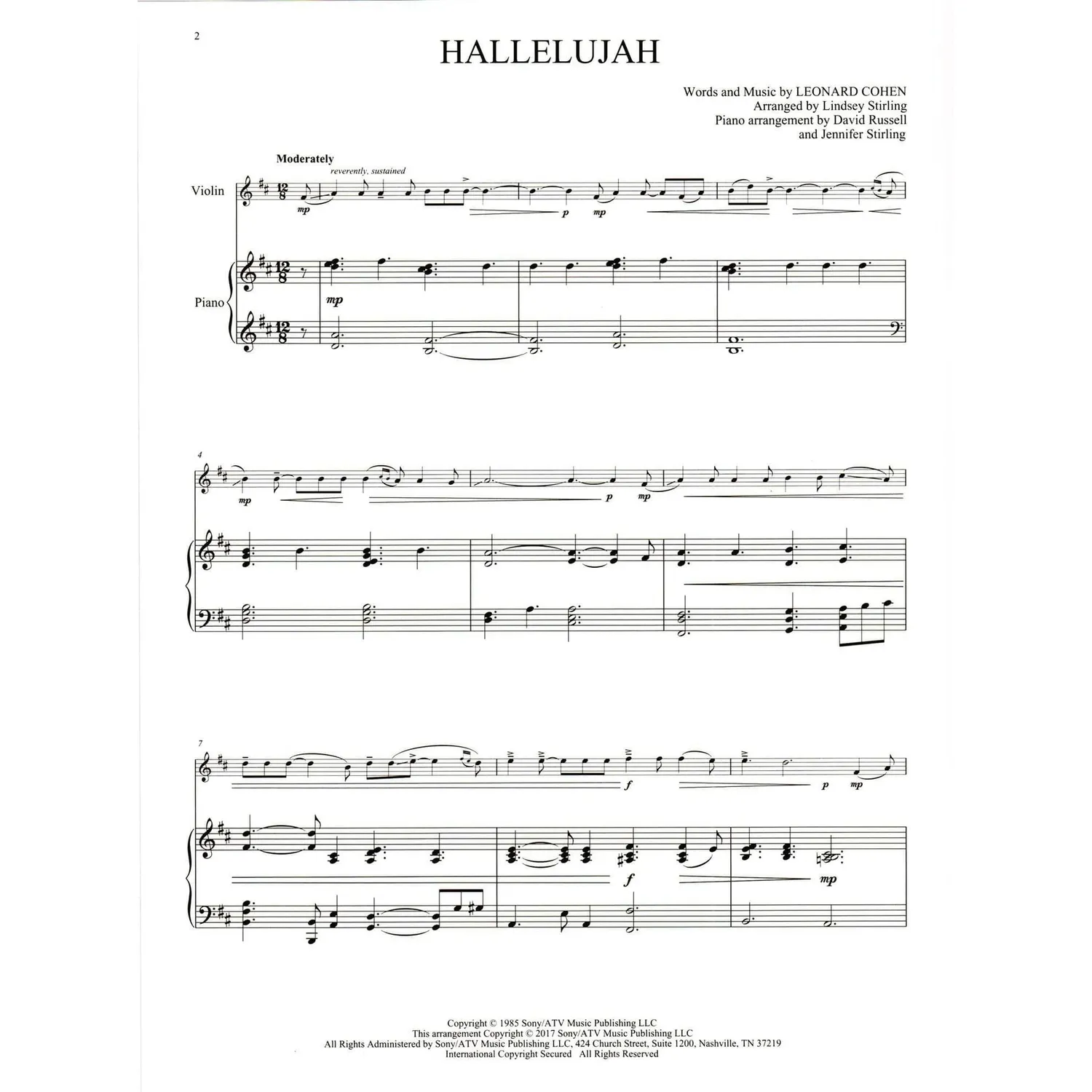 Hal Leonard Hallelujah Stirling Geigennoten Klavier leicht