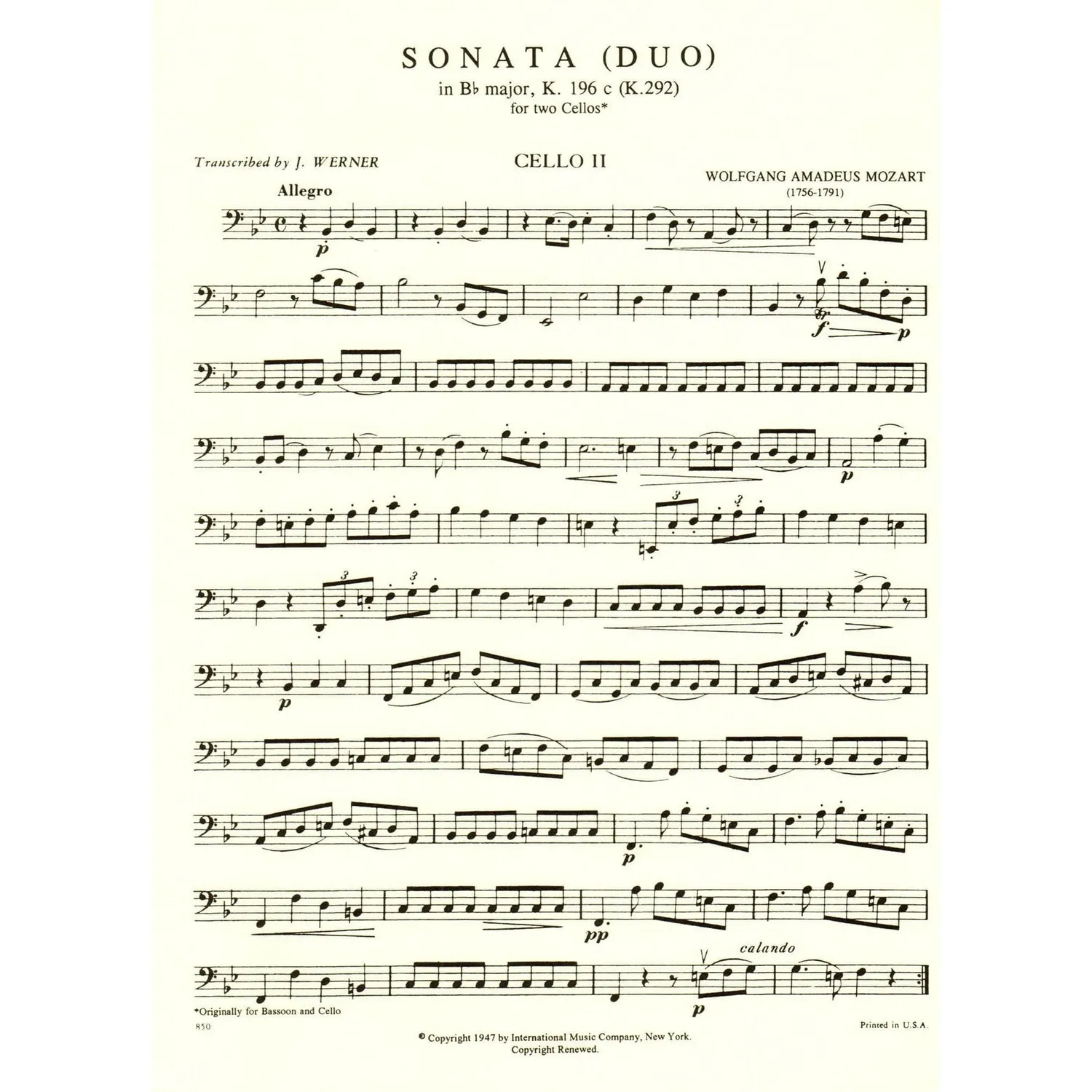 International Mozart Sonate B-Dur K 292 Noten 2 Celli