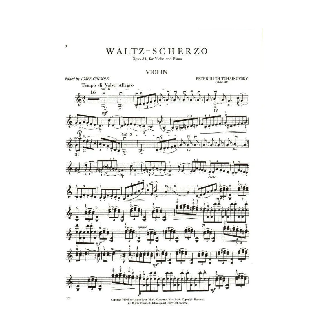 Shar Music Tschaikowsky Walzer-Scherzo op. 34 Noten Violine Klavier Gingold