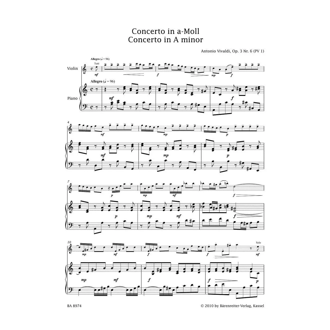 Bärenreiter Vivaldi op. 3 Nr. 6 Noten Violine a-Moll