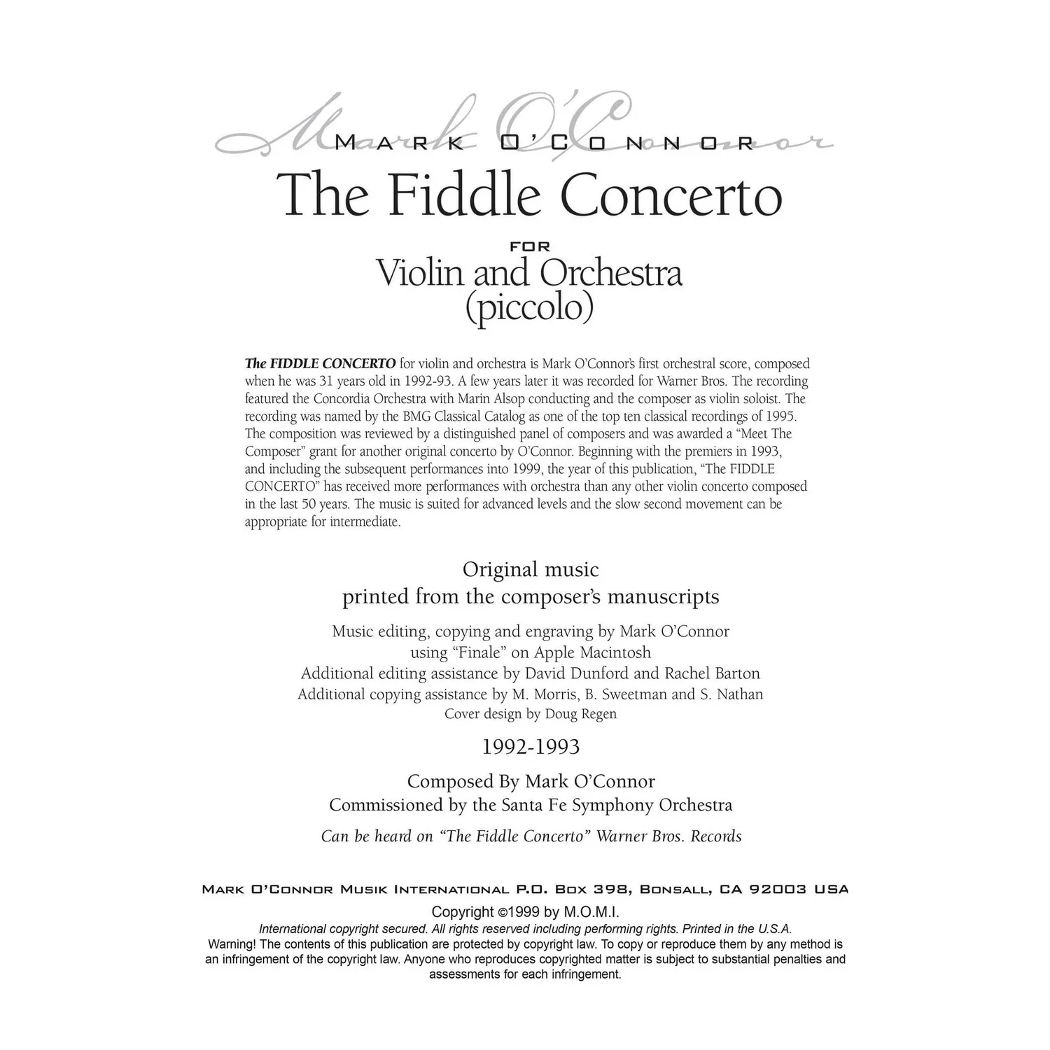 Mark OConnor Fiddle Concerto Noten Bläserstimmen Download