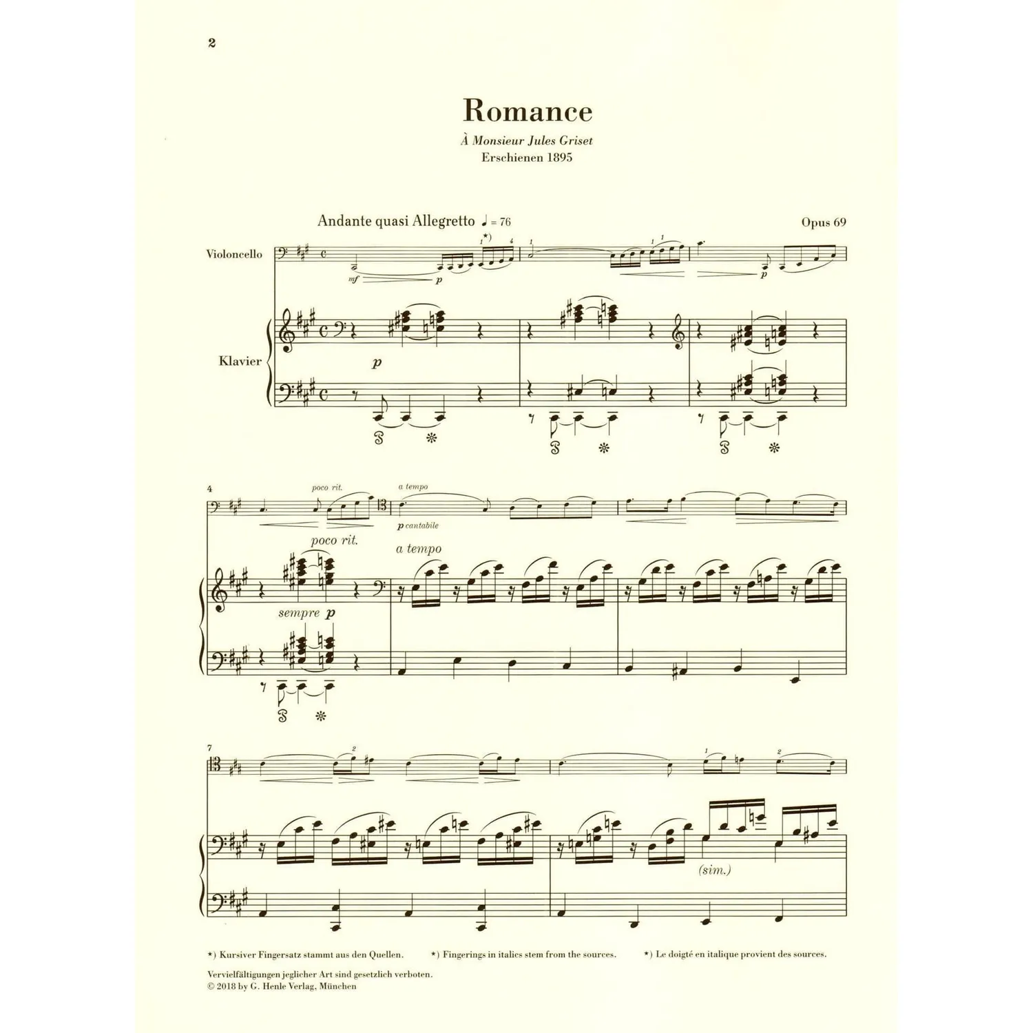 Henle Fauré Romance Op 69 Cello Noten Klavierauszug